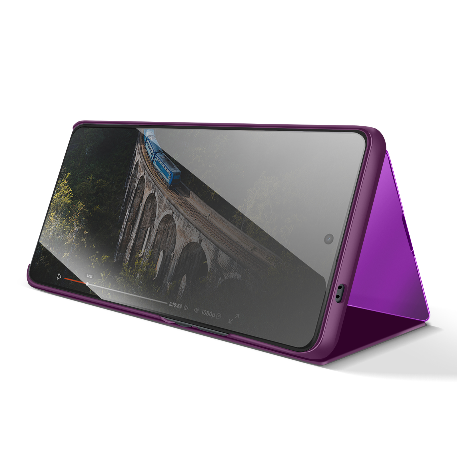 Custodia viola con telefono che mostra treno blu su ponte di pietra.