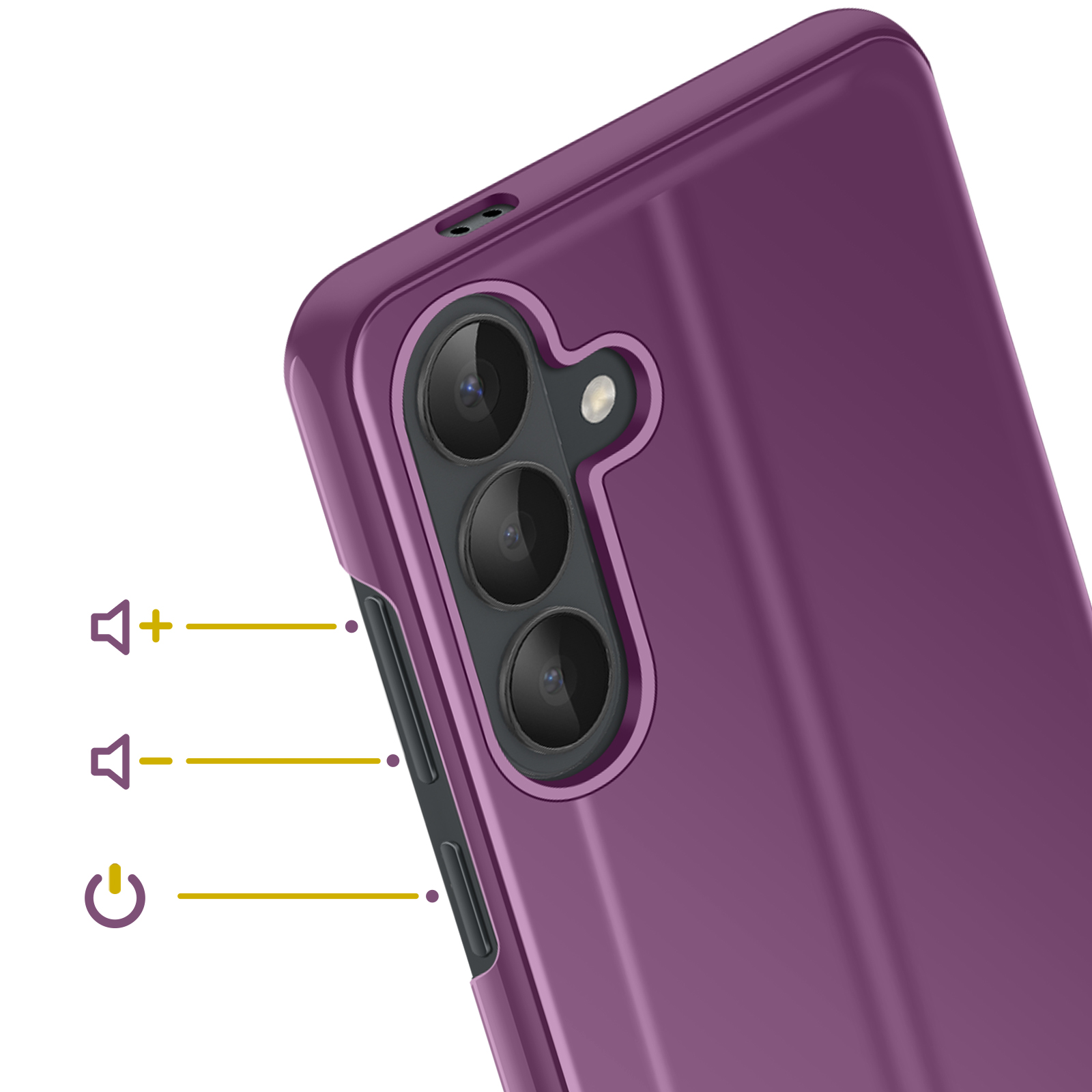 Custodia viola per telefono con tre fotocamere e icone volume/accensione.