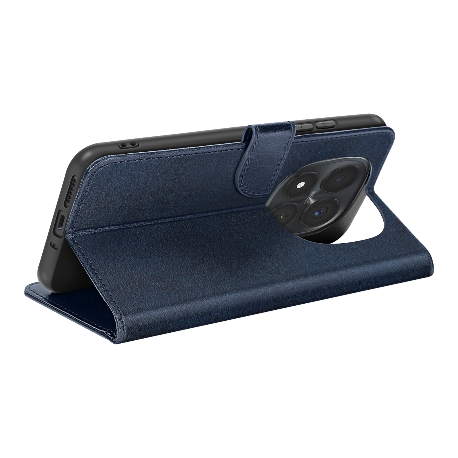 Una custodia in pelle blu scuro per telefono con tre fotocamere posteriori.