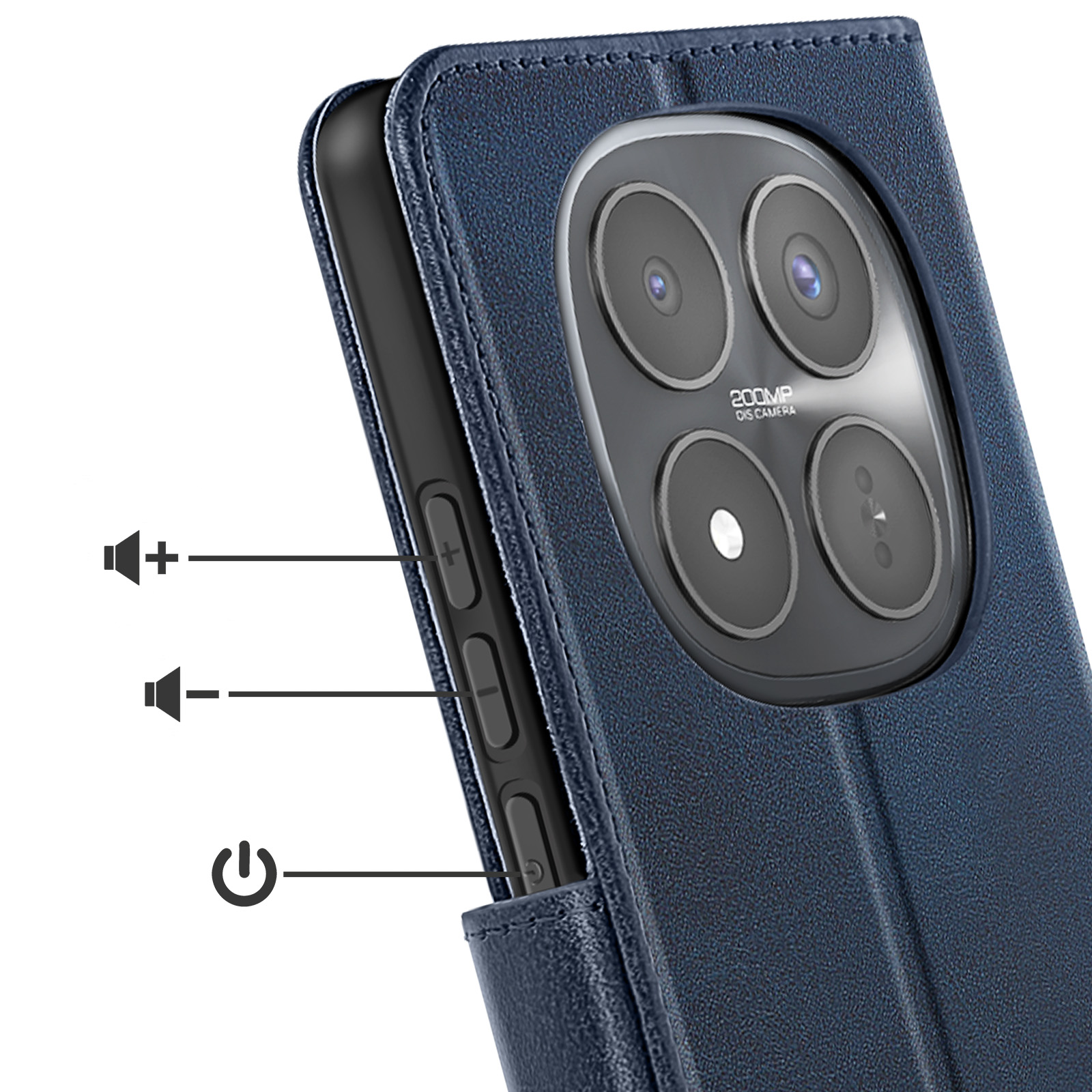 Custodia blu per telefono con fotocamera da 200MP, tasti volume e accensione.