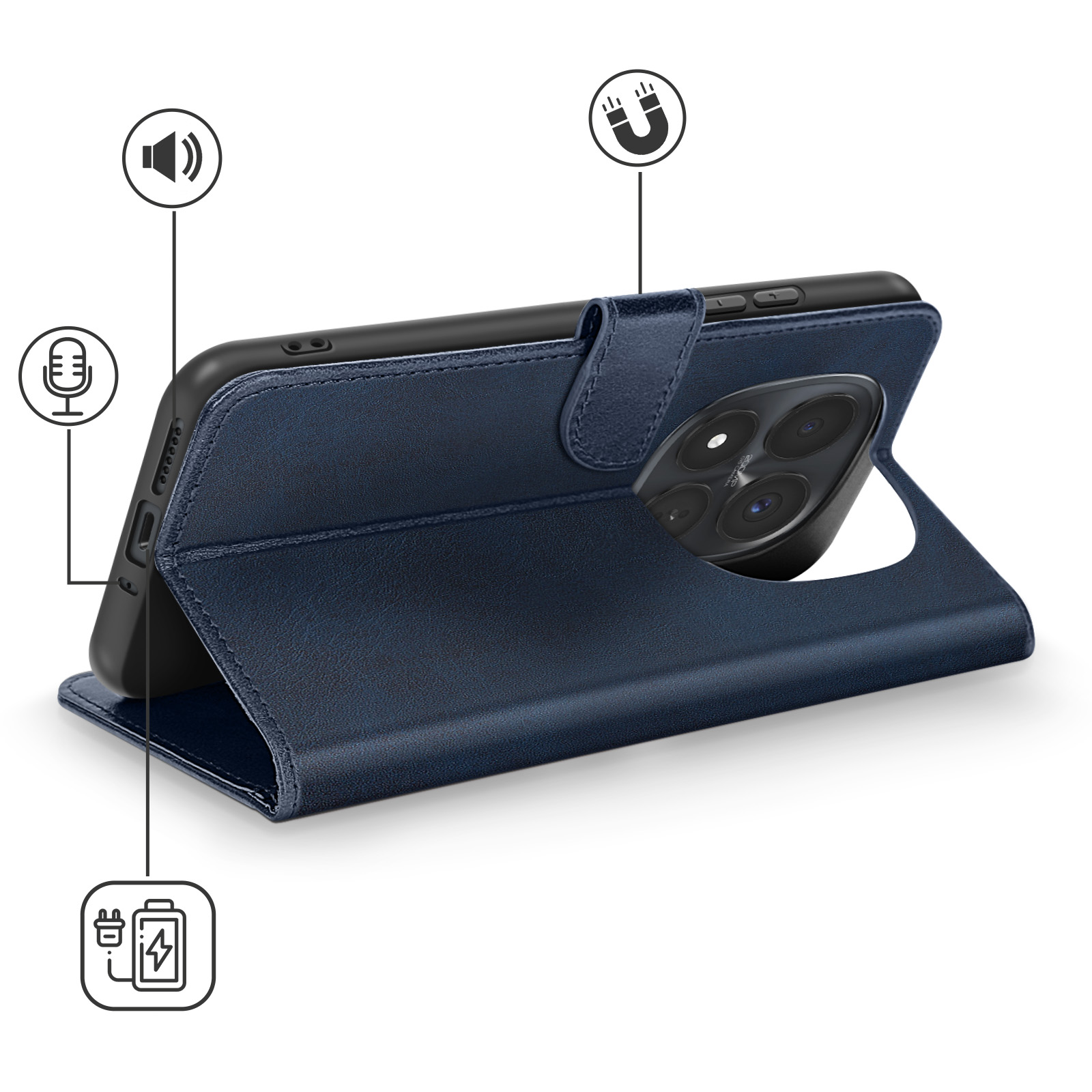 Custodia blu scuro per telefono con chiusura magnetica, icone altoparlante, microfono e ricarica.