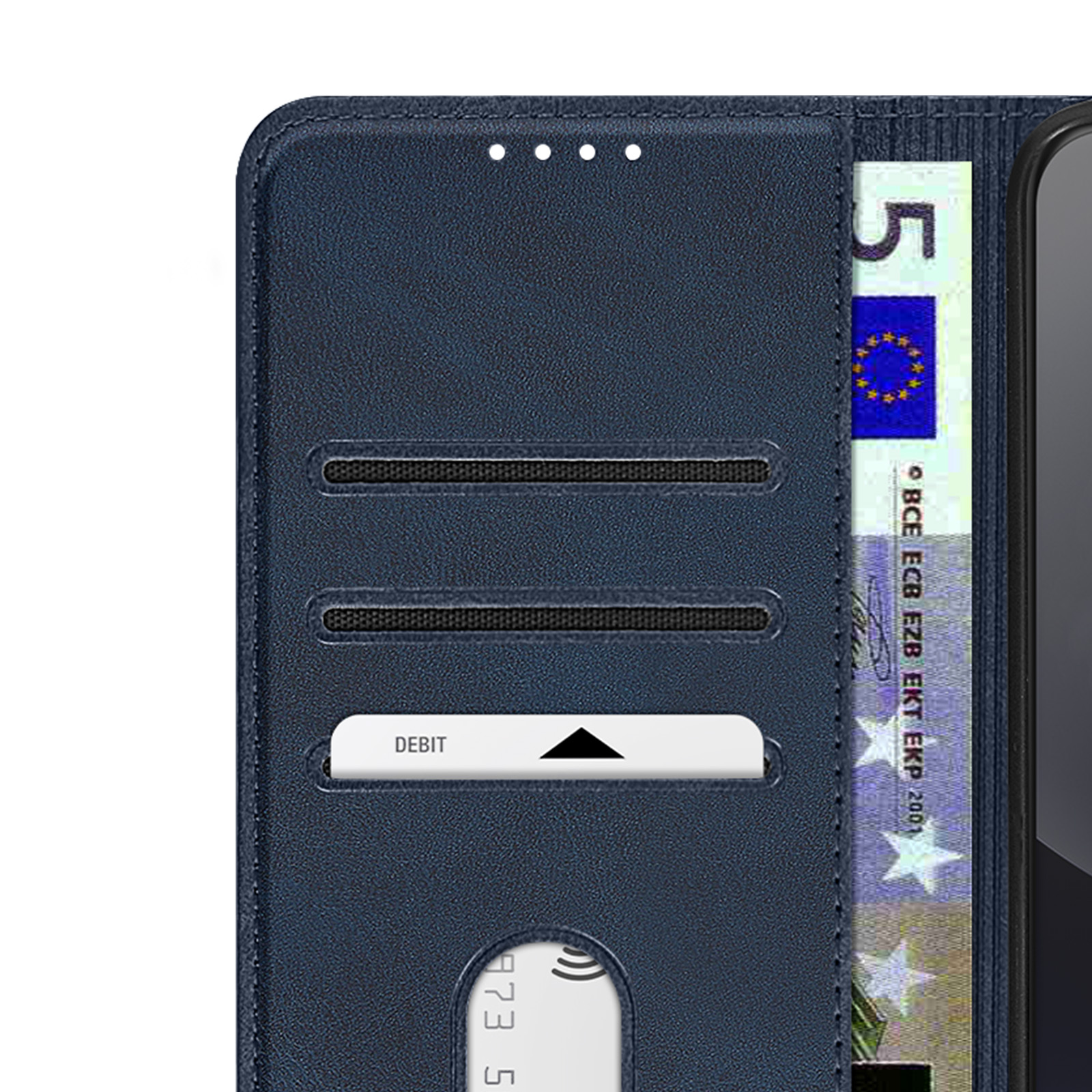 Custodia per telefono blu scuro con slot per carte, è visibile una banconota da 5 euro.