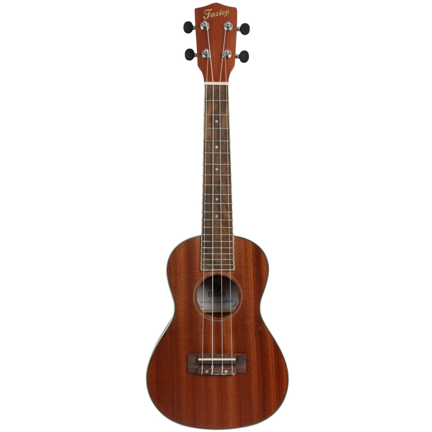 Een bruine ukulele met vier snaren, met de merknaam Fazley op de kop.