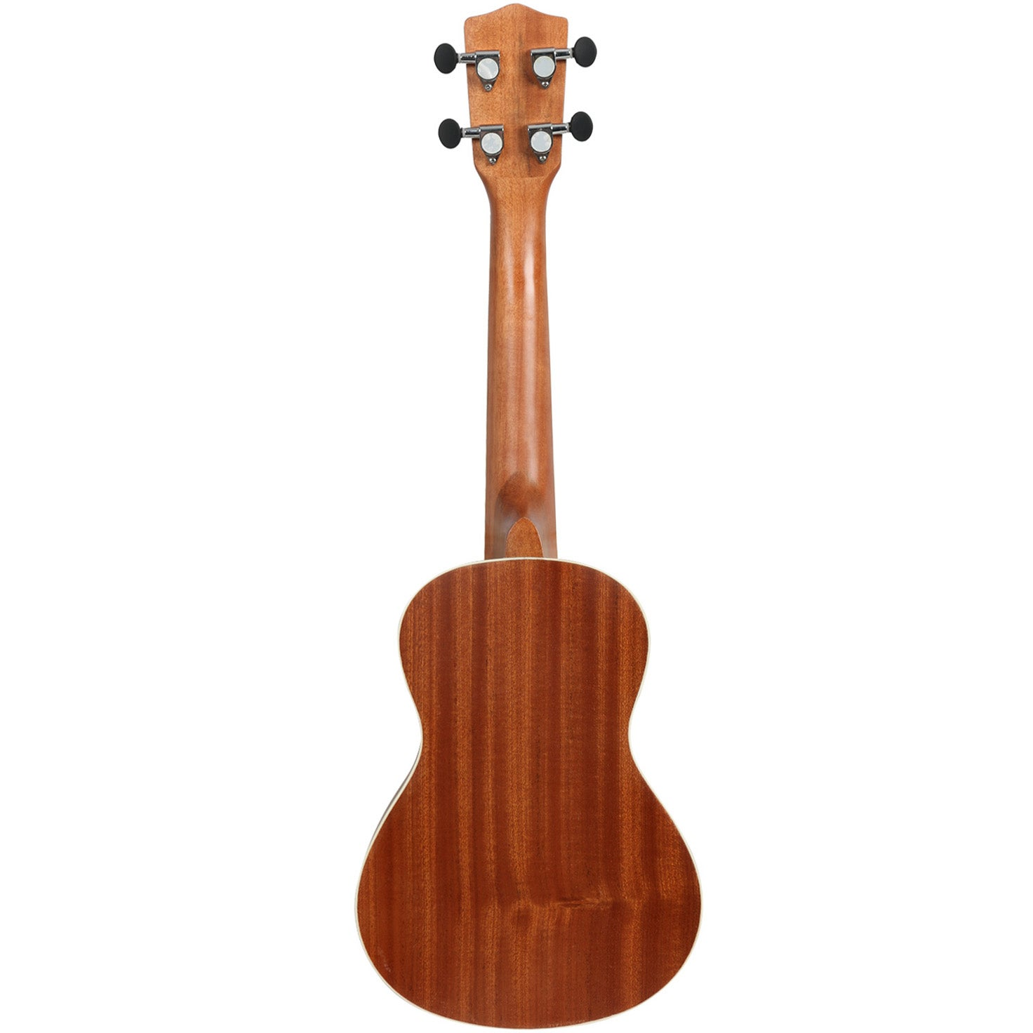 Achterkant van een houten ukelele met hals, stemknoppen en body.