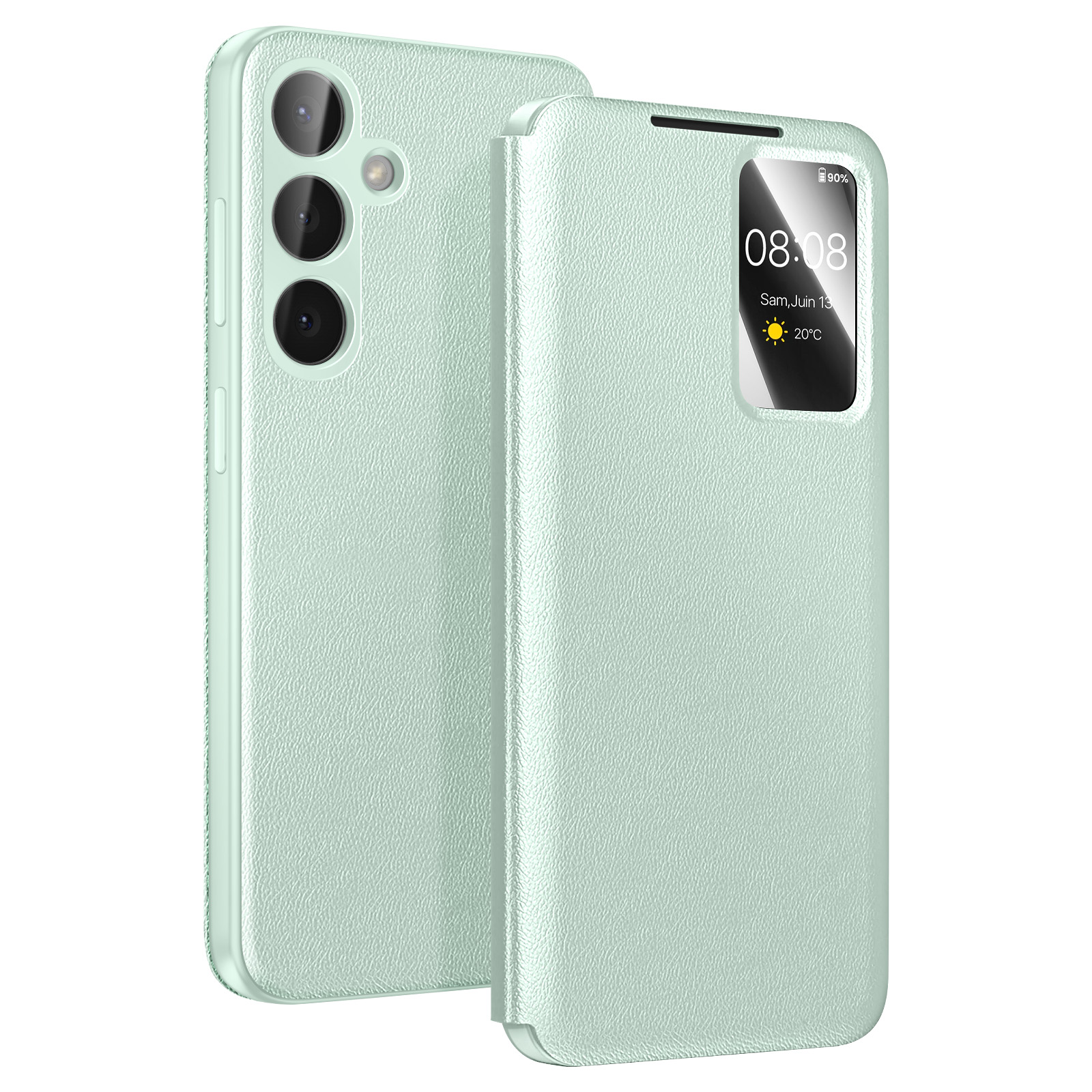 Un telefono verde chiaro con fotocamera e flip cover che mostra l'ora.