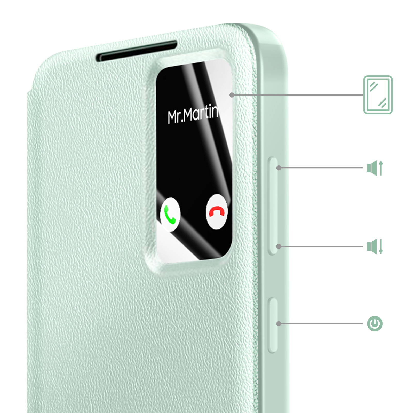 Una custodia verde chiaro per telefono mostra una schermata di chiamata con "Mr. Martin".