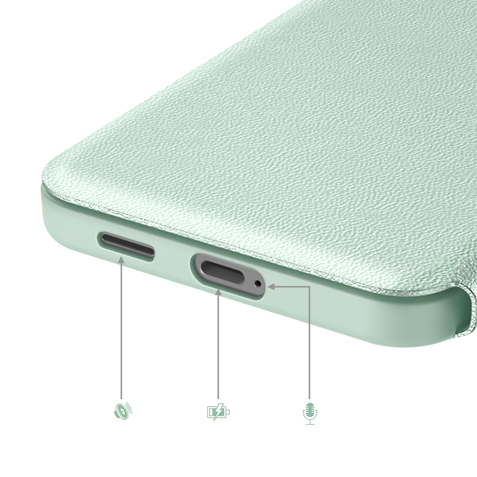 Primo piano di cover verde chiaro con porta di ricarica, altoparlante e microfono.