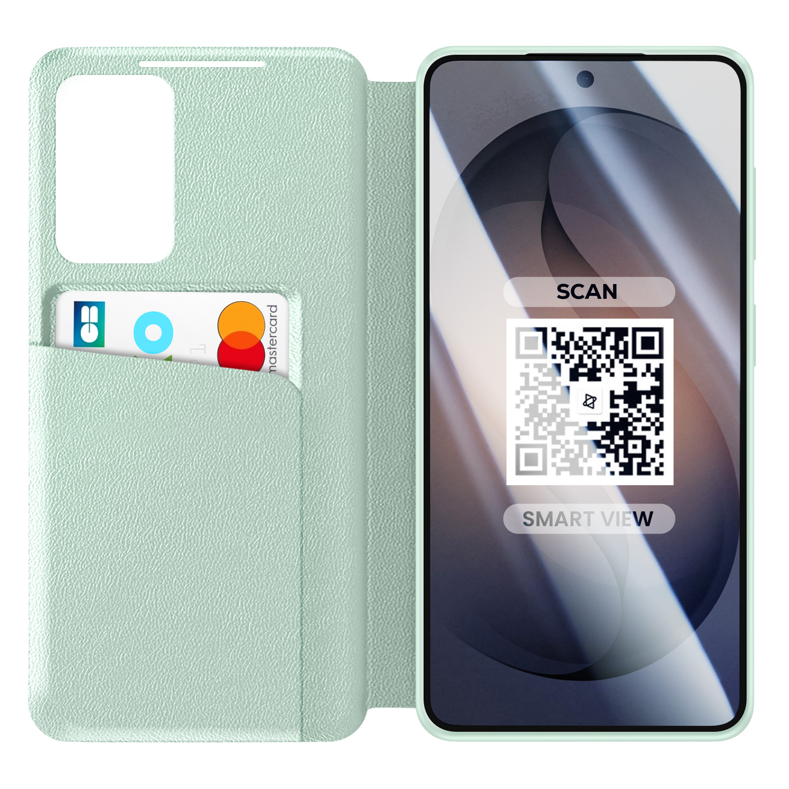 Custodia per telefono verde chiaro con slot per schede e codice QR sullo schermo.