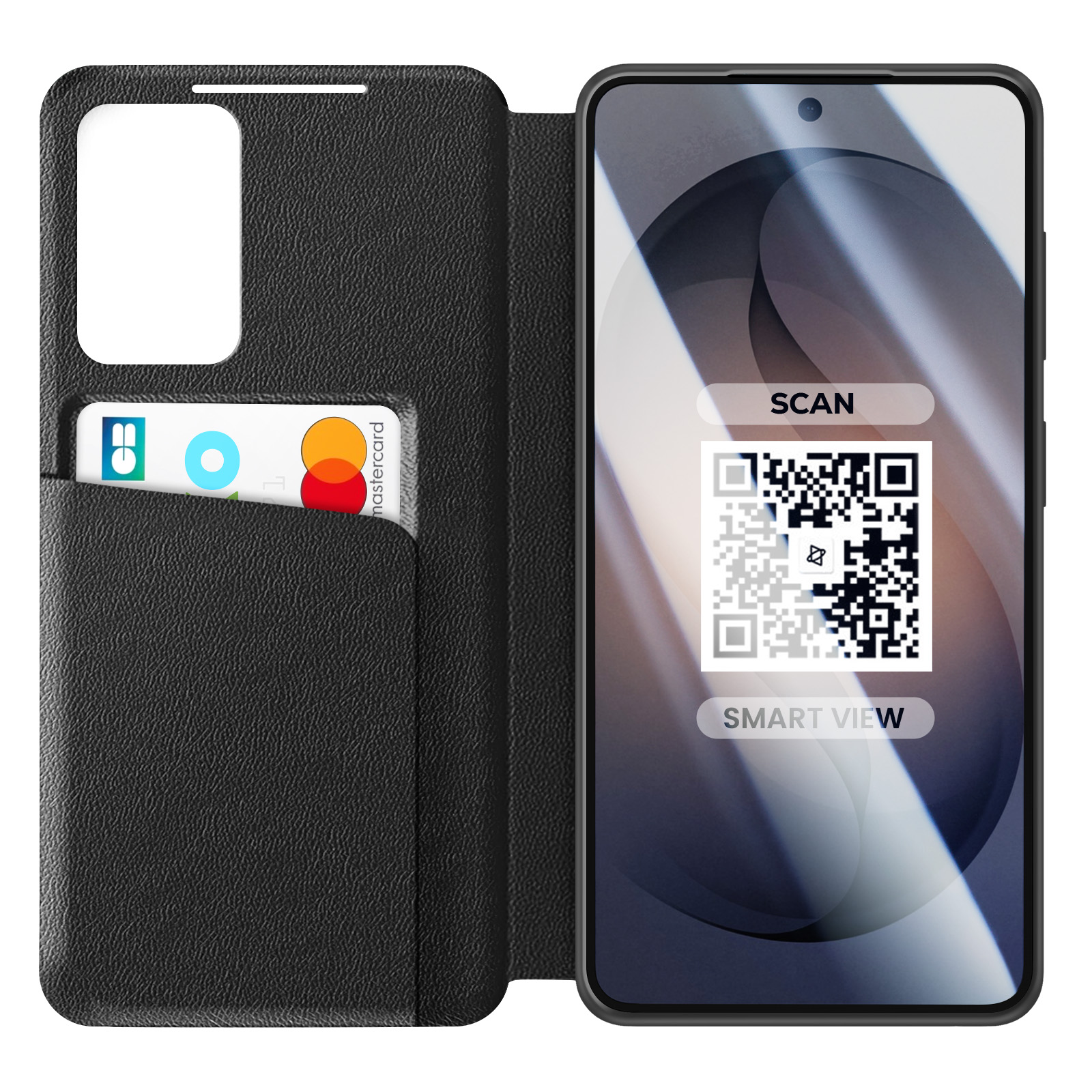 Custodia nera per telefono con portacarte e Mastercard. Scansiona QR code sullo schermo.