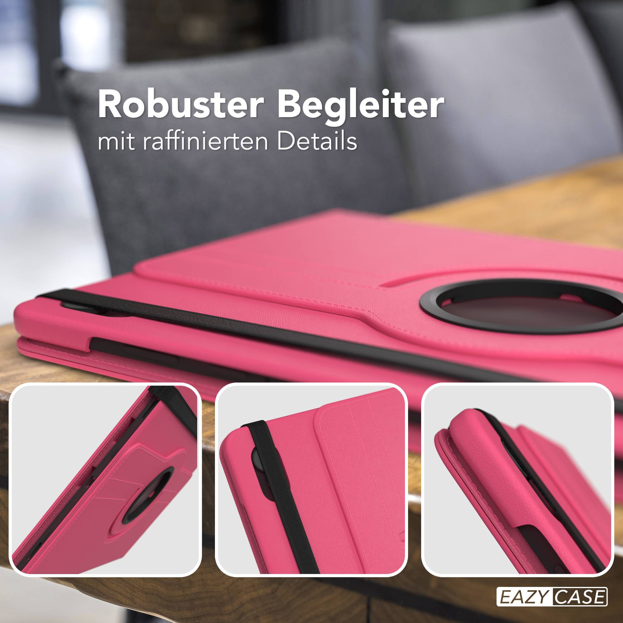 Eine rosafarbene Tablet-Hülle mit drei Detailansichten und dem Logo EAZY CASE.