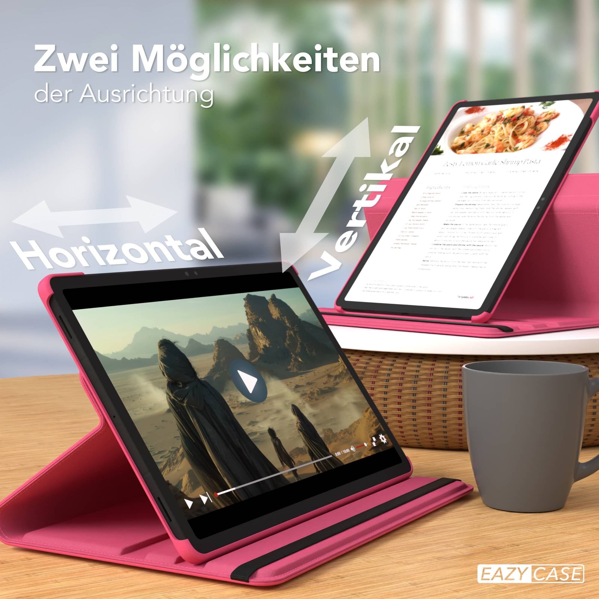 Zwei pinke Tablet-Hüllen mit Tablets in horizontaler und vertikaler Ausrichtung.