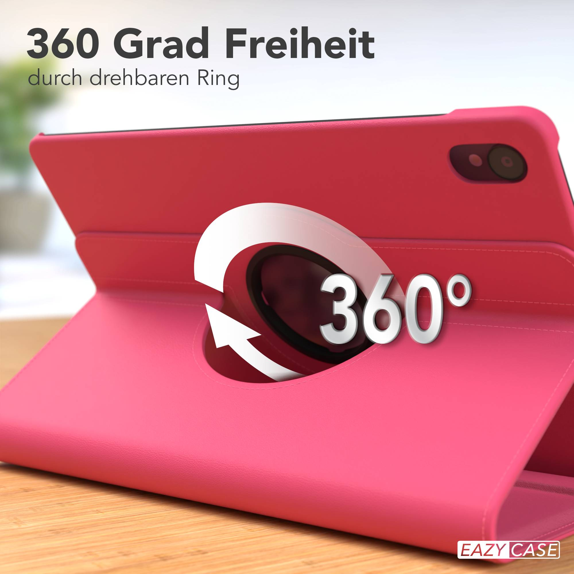 Ein pinkes Tabletcase mit drehbarem Ring wird gezeigt.
