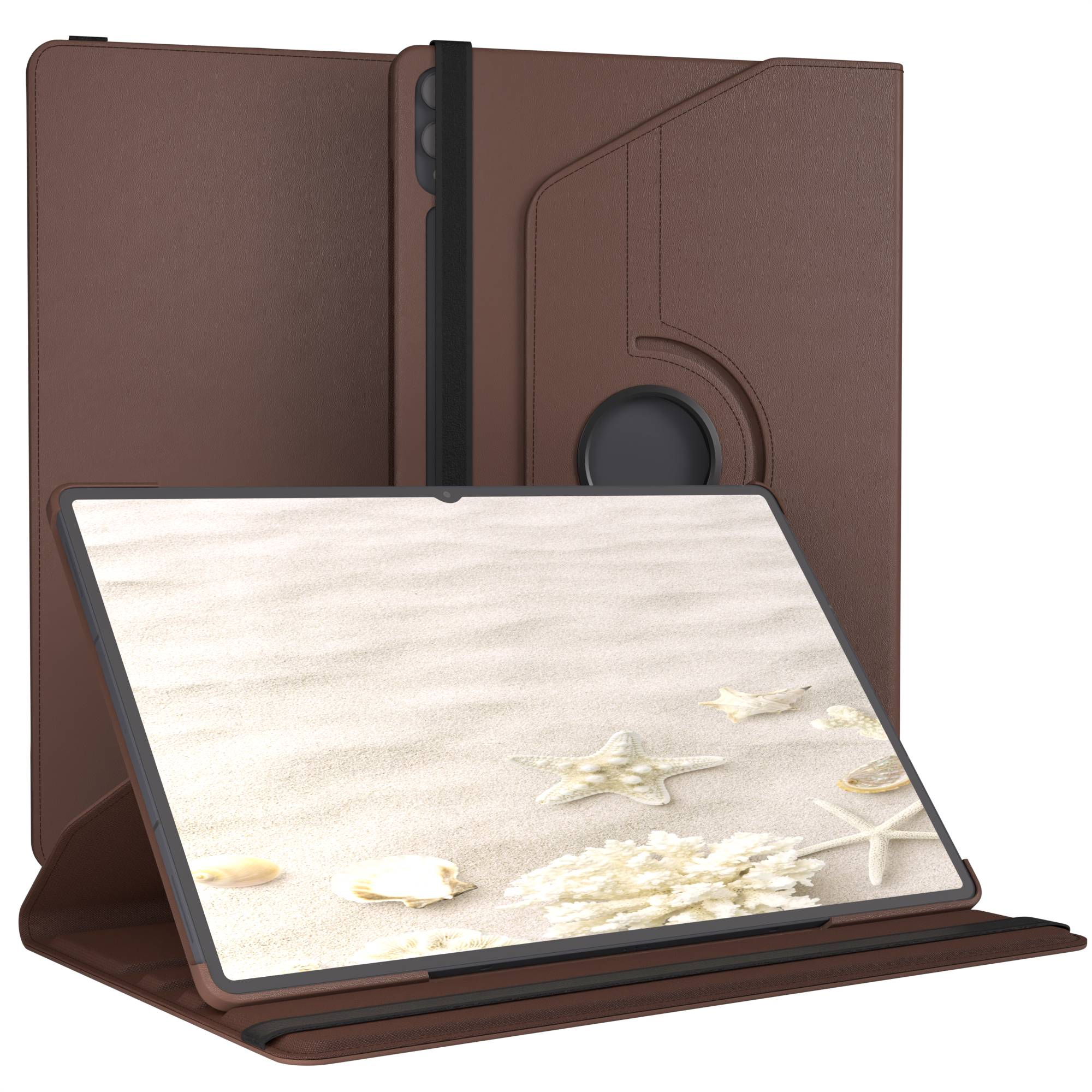 Braune Tablet-Hülle mit einem Tablet, das einen Strand mit Seesternen zeigt.