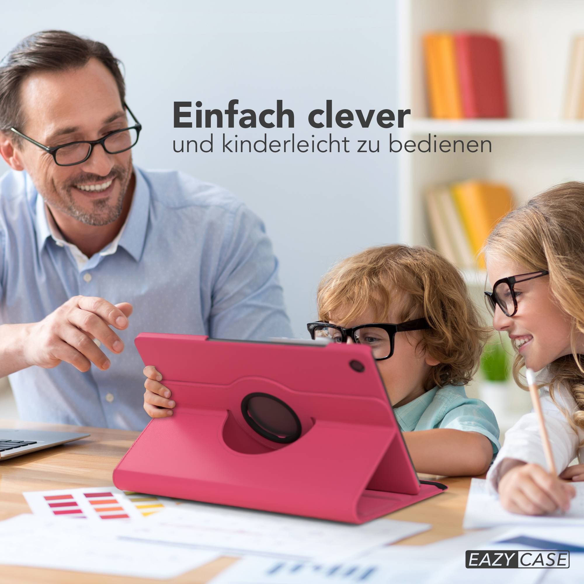 Vater und Kinder mit Tablet und Büchern. Einfach clever.