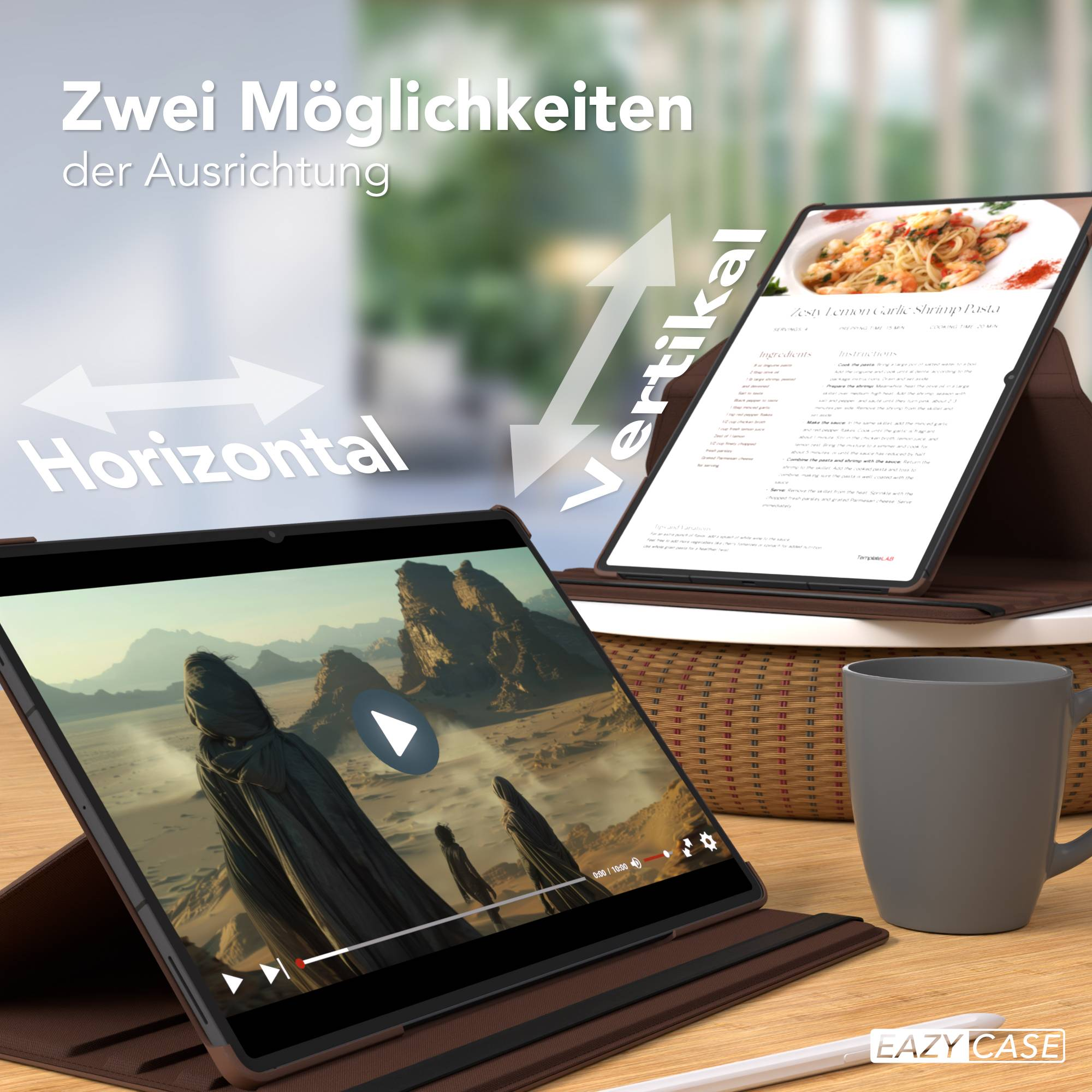 Zwei Tablets zeigen horizontale und vertikale Ausrichtung. Eines zeigt ein Video, das andere ein Rezept.