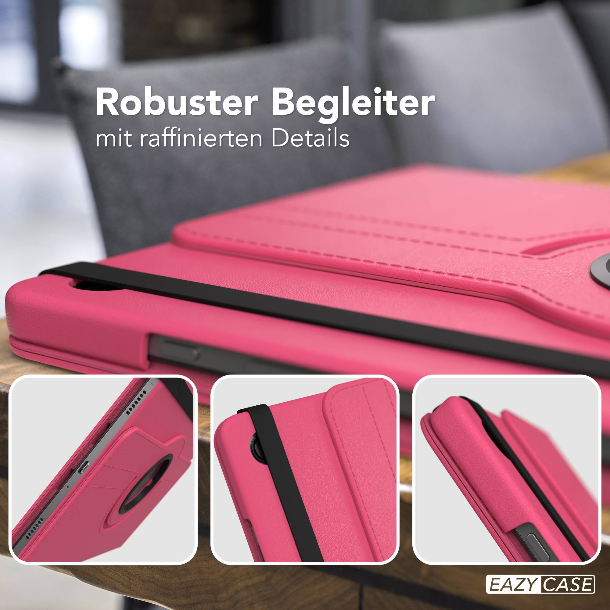 Pinke Tablet-Hülle mit schwarzem Gummiband und Ständer, Details im Vordergrund.