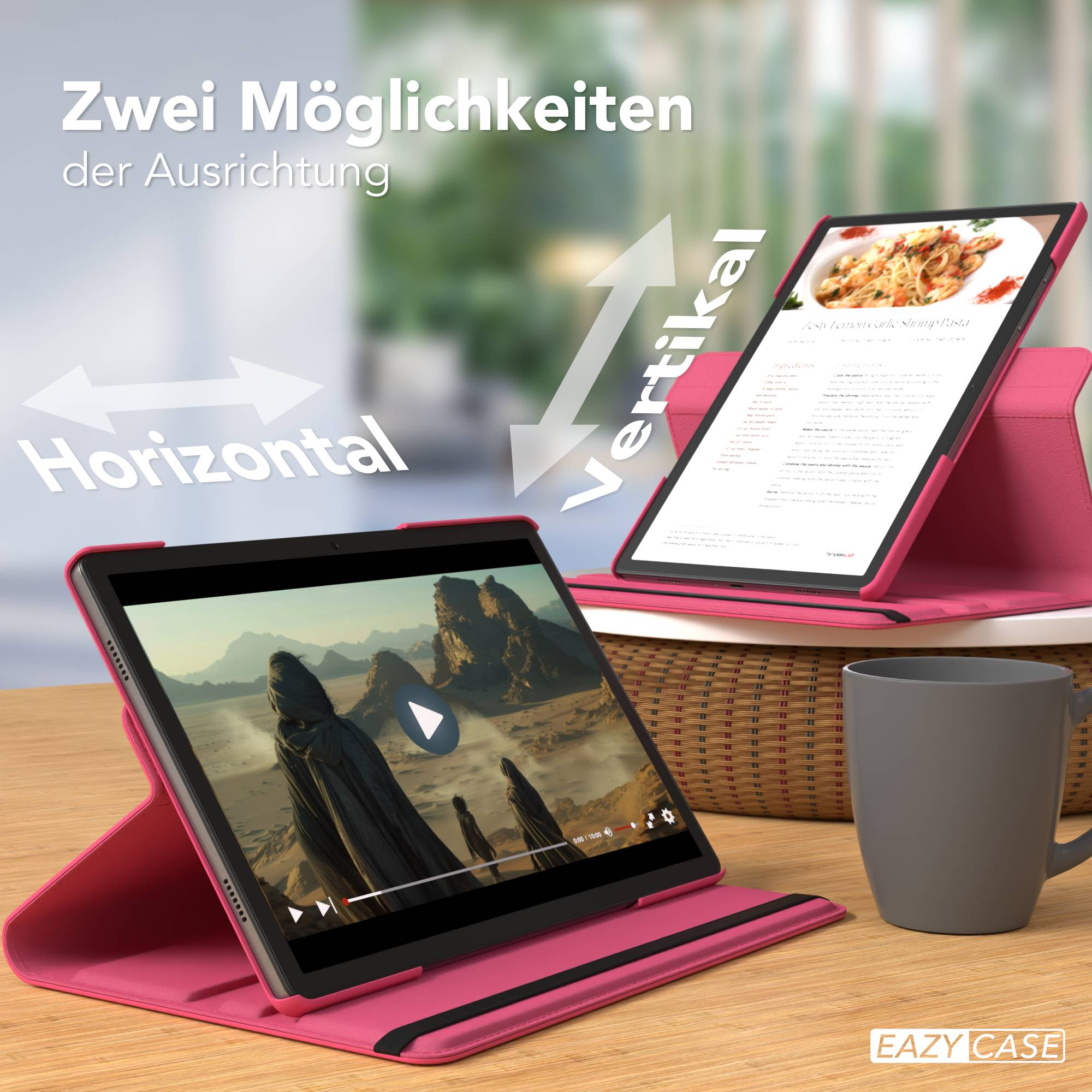 Zwei pinke Tablets, eines zeigt ein Video, das andere ein Rezept.
