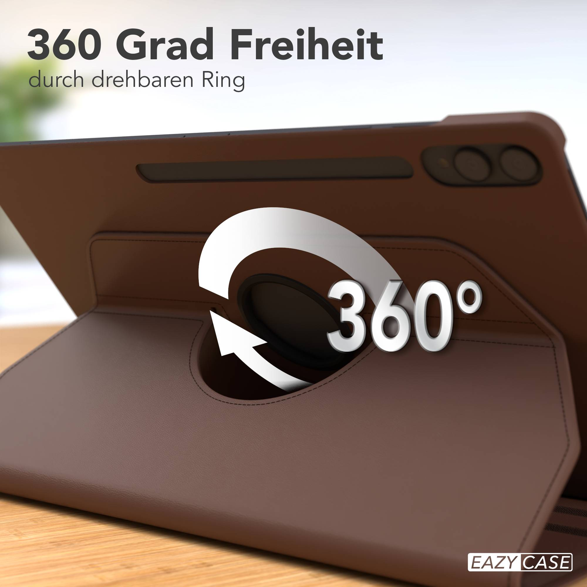 Braune Tablet-Hülle mit drehbarem Ring für 360-Grad-Freiheit.