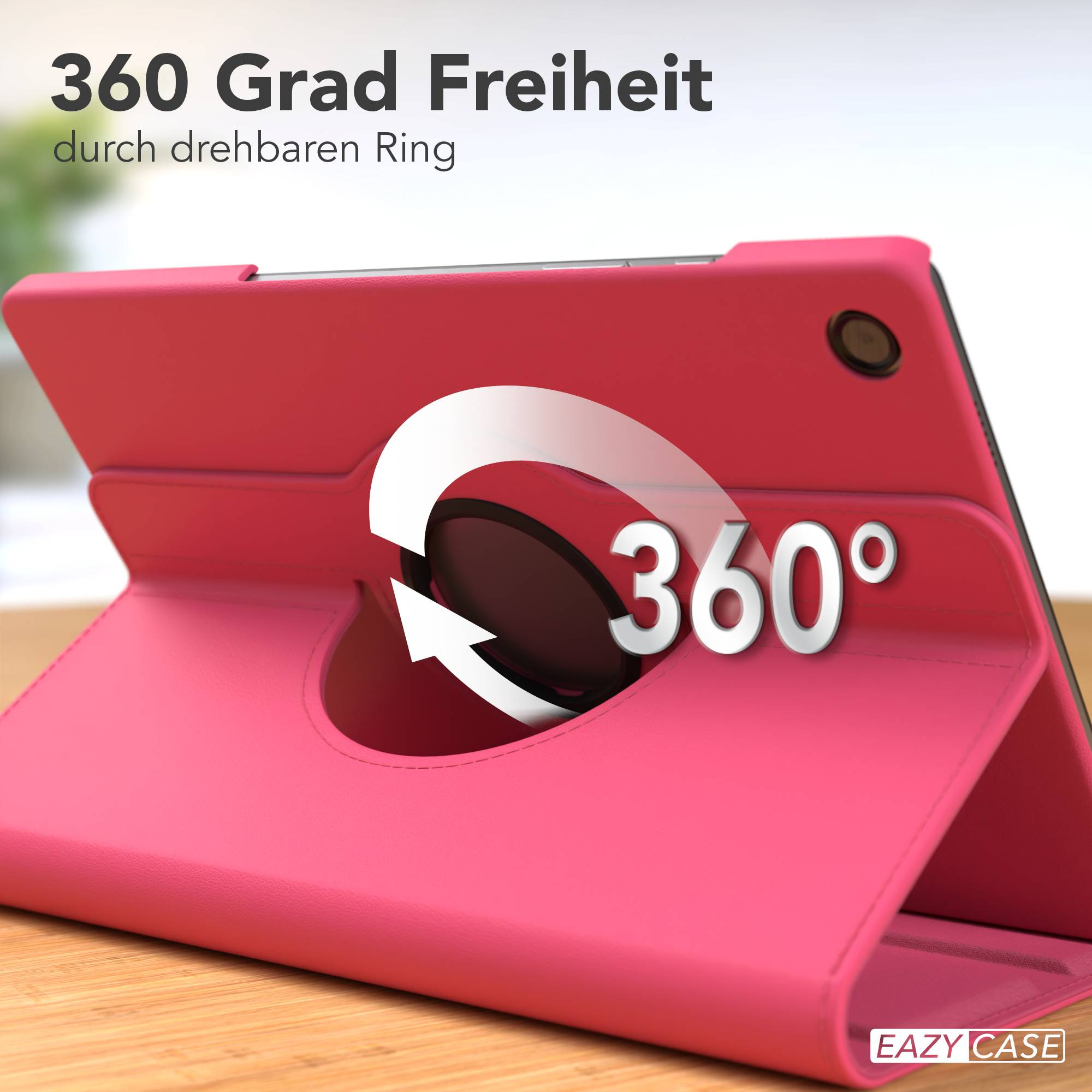 Eine rote Hülle für ein Tablet mit einem 360-Grad-Drehring wird auf einer Holzoberfläche gezeigt.