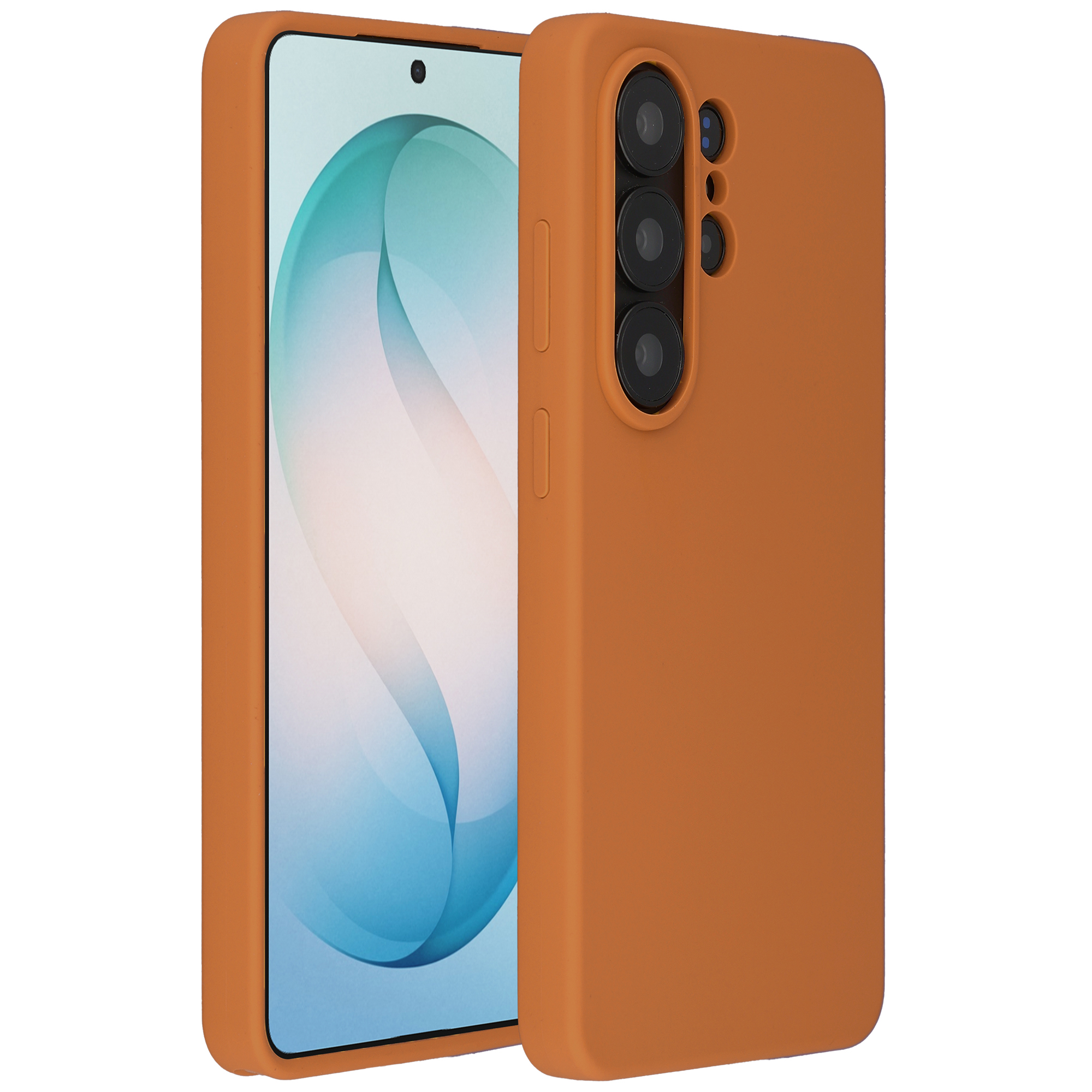 Coque de téléphone orange avec trois objectifs et flash.