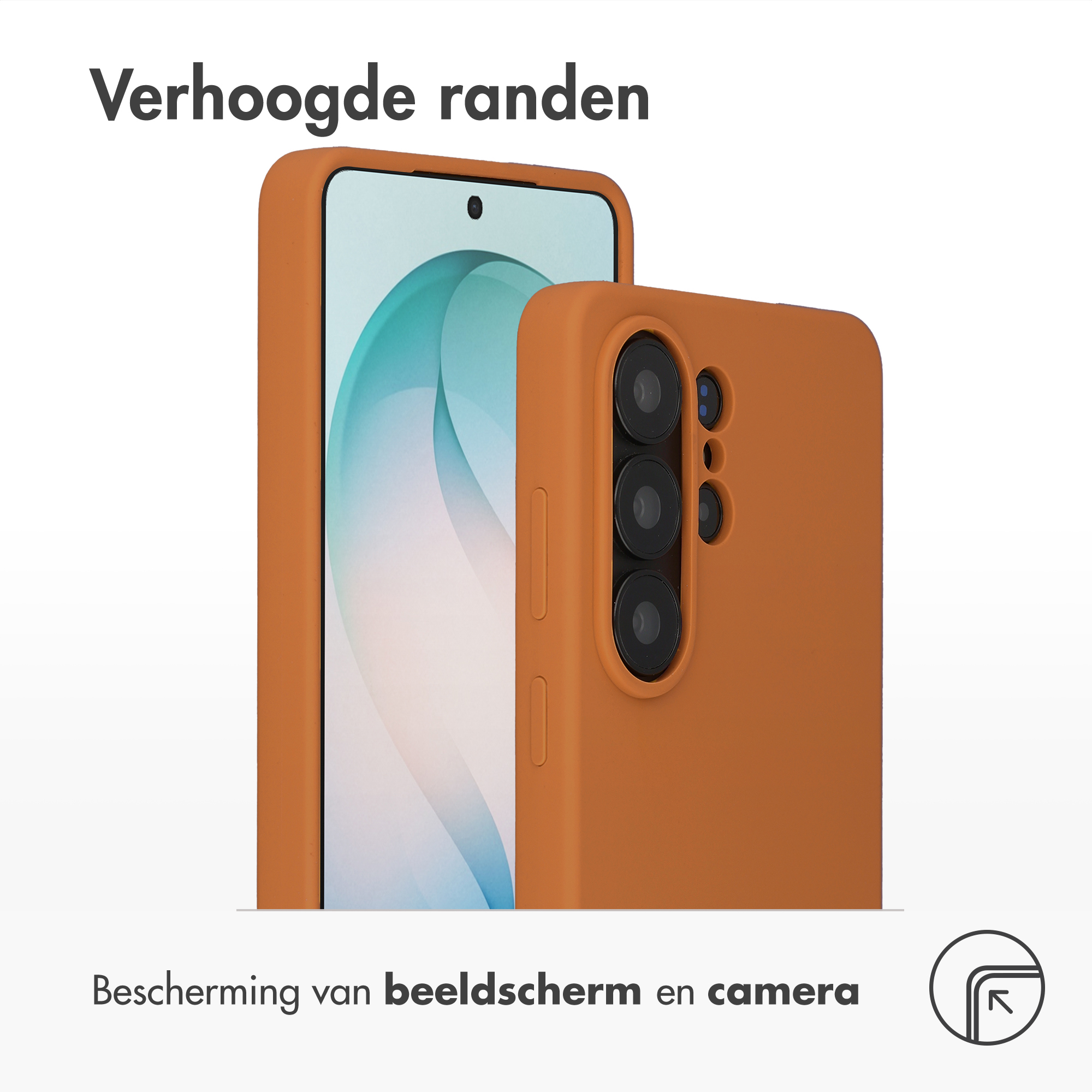 Coque orange pour téléphone avec bords surélevés montre trois objectifs.
