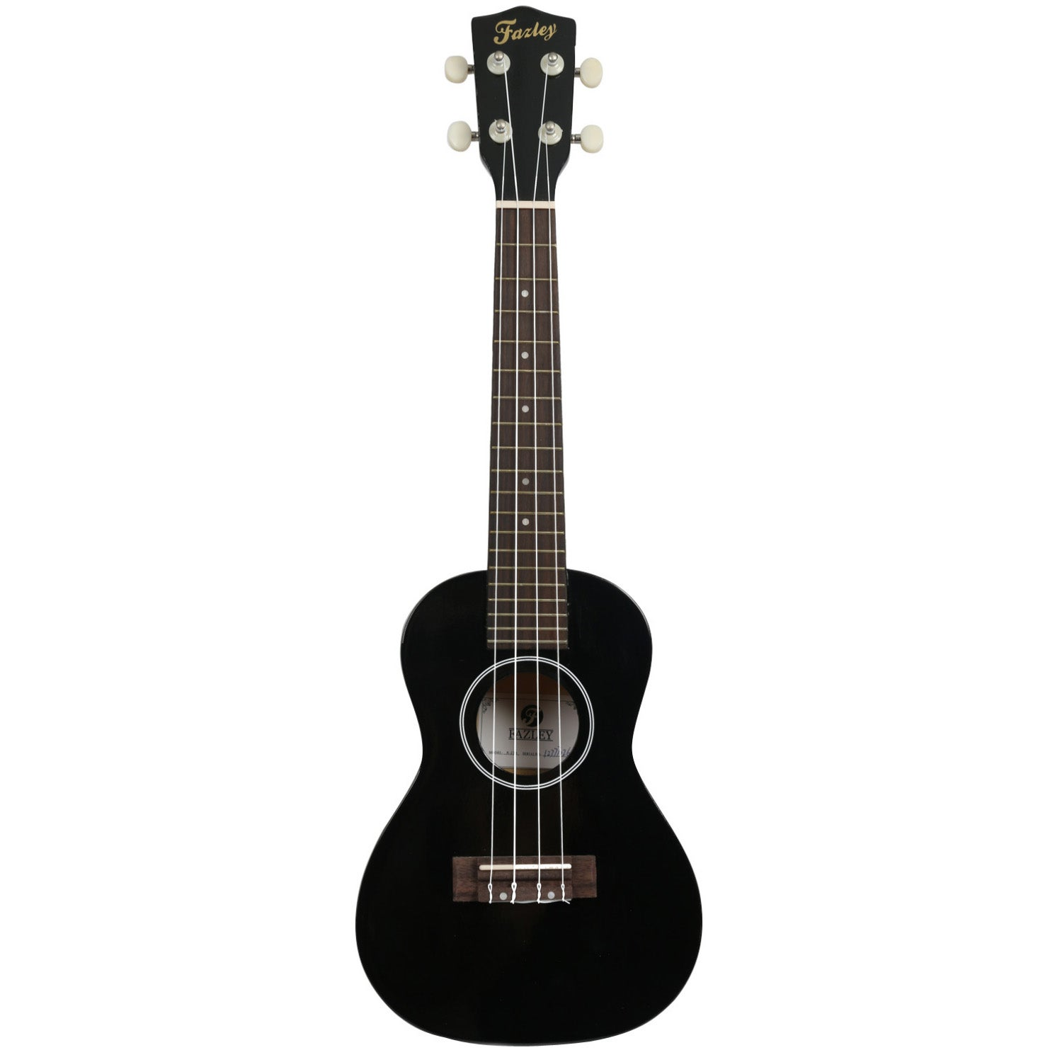 Een zwarte ukulele met vier snaren, een donker toets en een Fazley-logo.