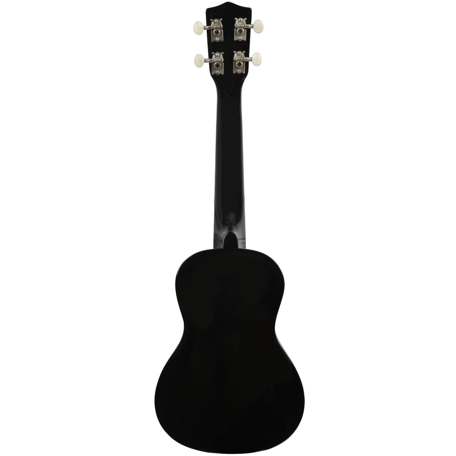 Achterkant van een zwarte ukulele met vier stemmechanieken bovenaan.