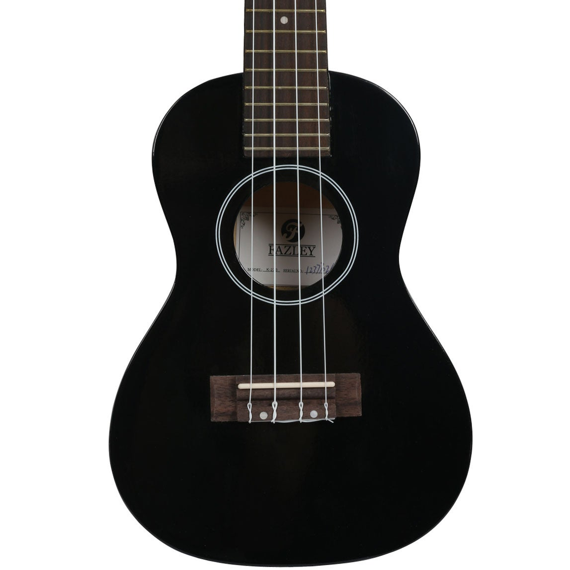 Zwarte ukelele met vier snaren, een houten brug en een witte cirkel rond het klankgat.
