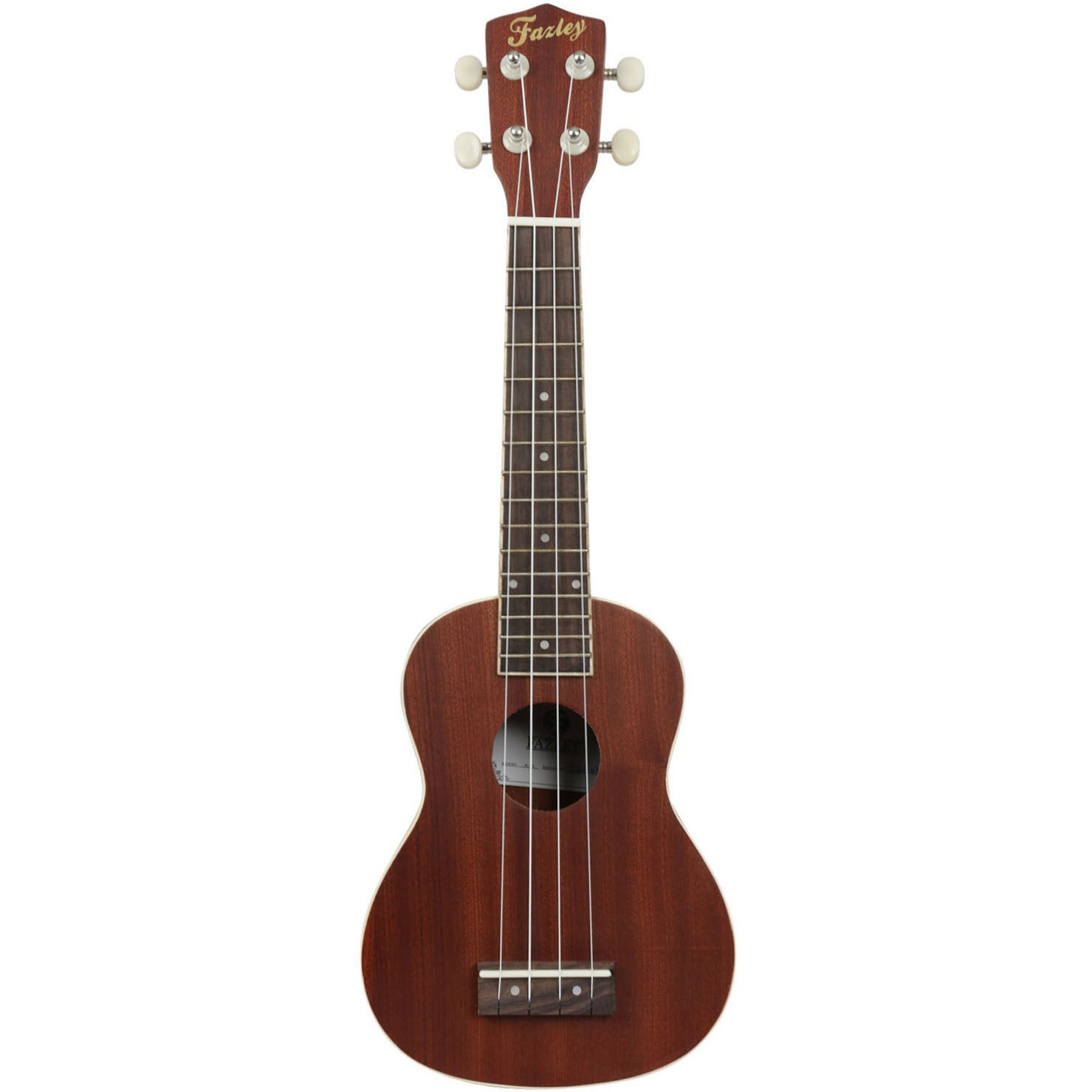 Een bruine ukulele met vier snaren, een witte topkam en vier stemknoppen bovenaan.