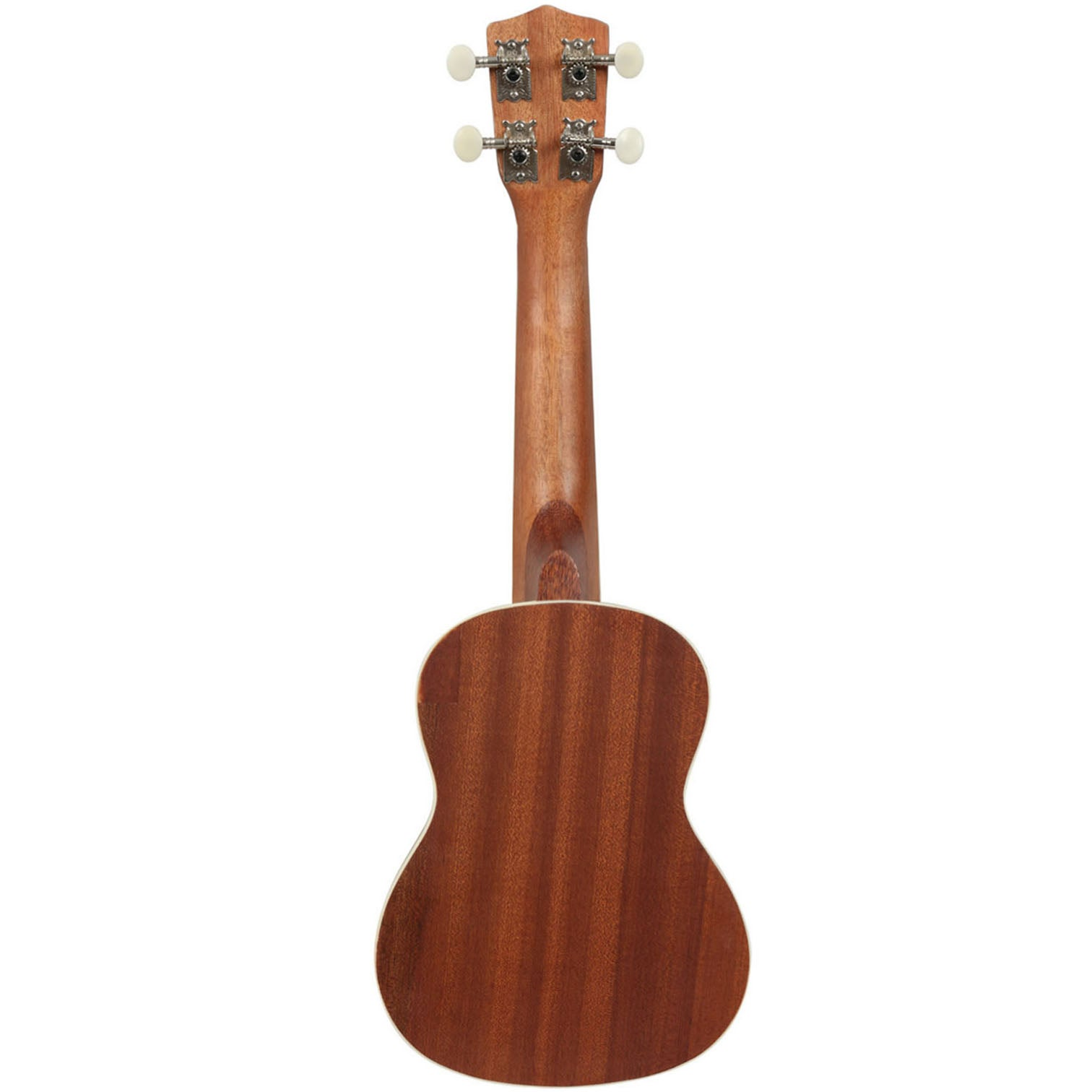 Achterkant van een mahoniehouten ukelele met vier stemknoppen en een hals.