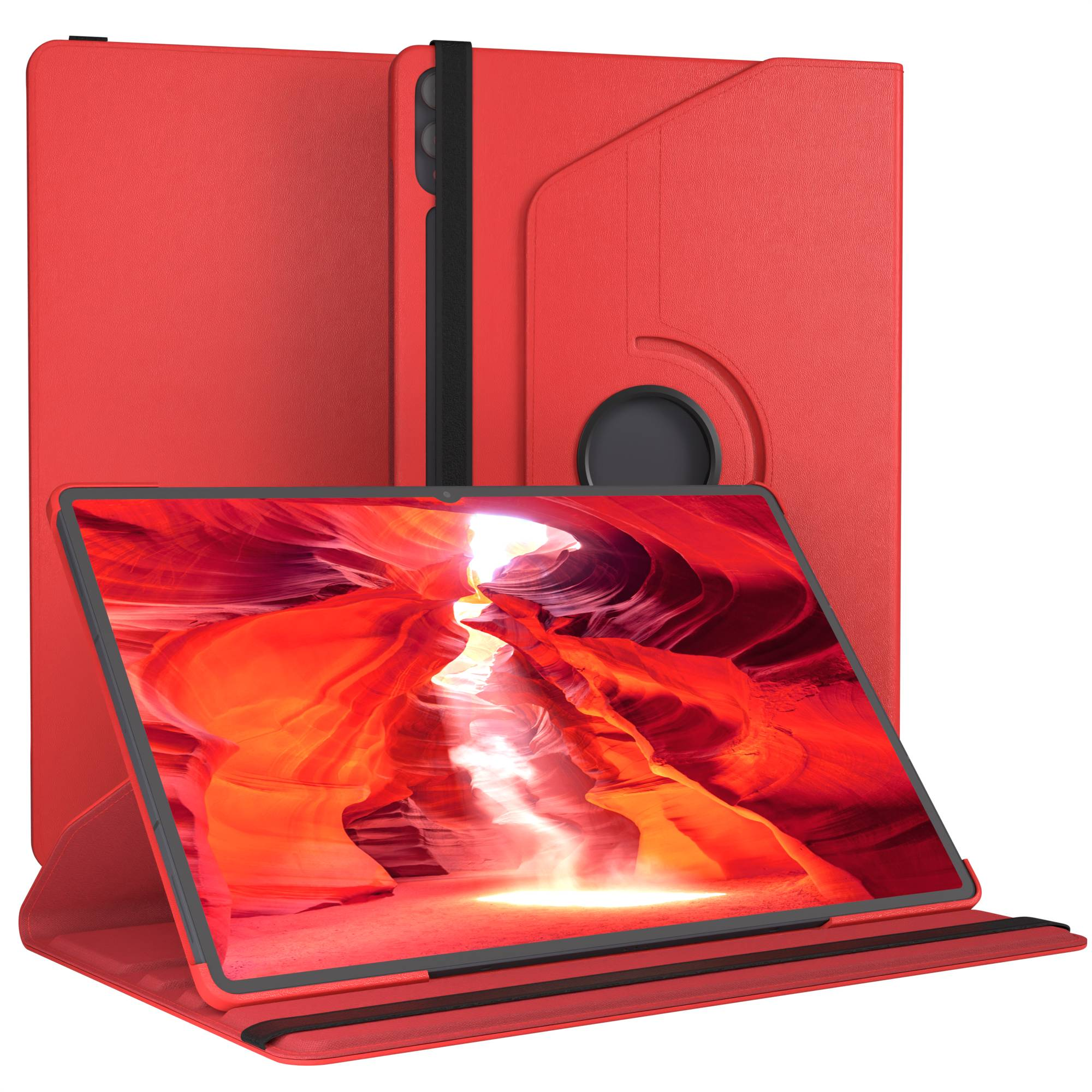 Rote Tablet-Hülle mit geöffnetem Bildschirm, der eine Canyon-Landschaft zeigt.