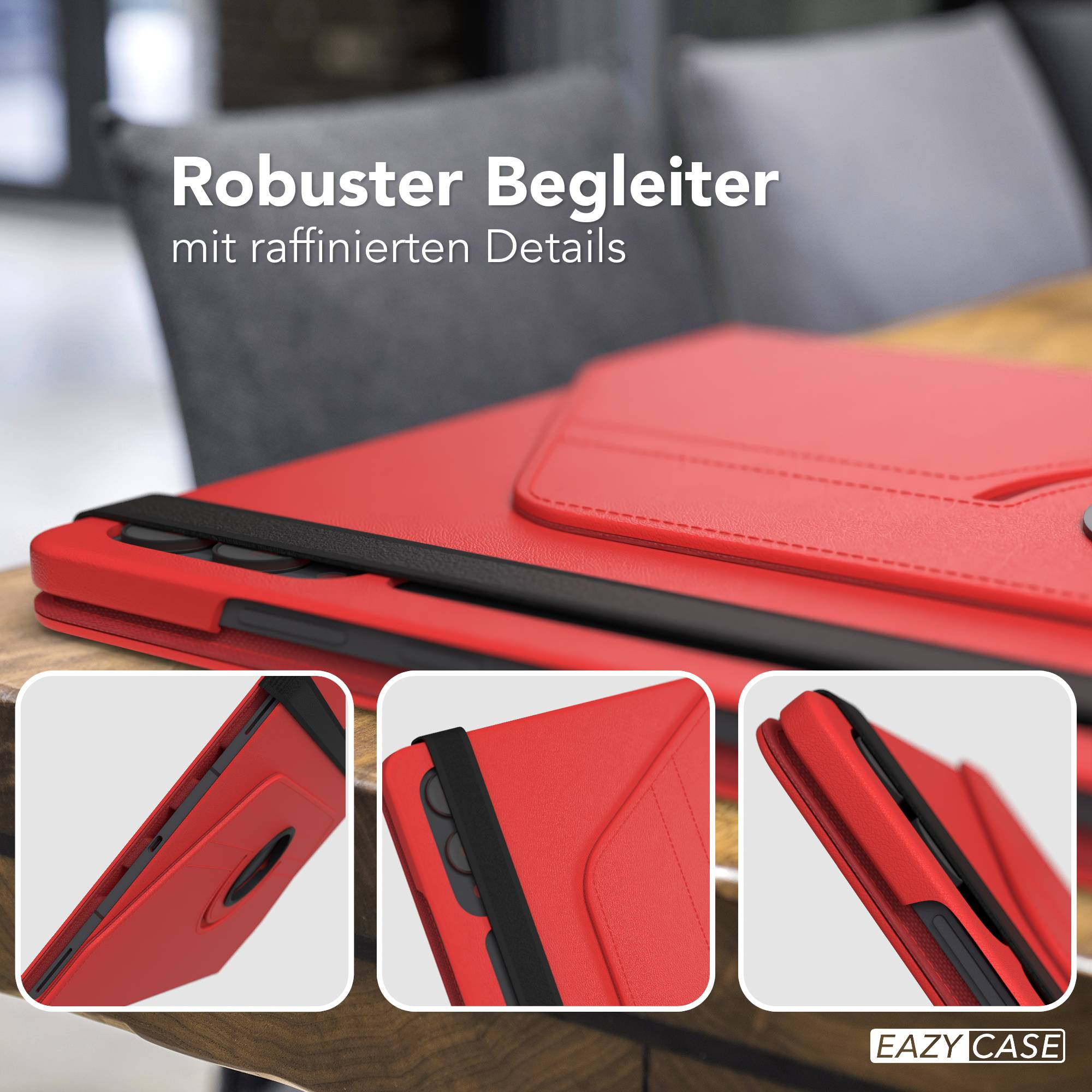 Rote Hülle für ein Tablet mit elastischem Band. Zeigt verschiedene Winkel.