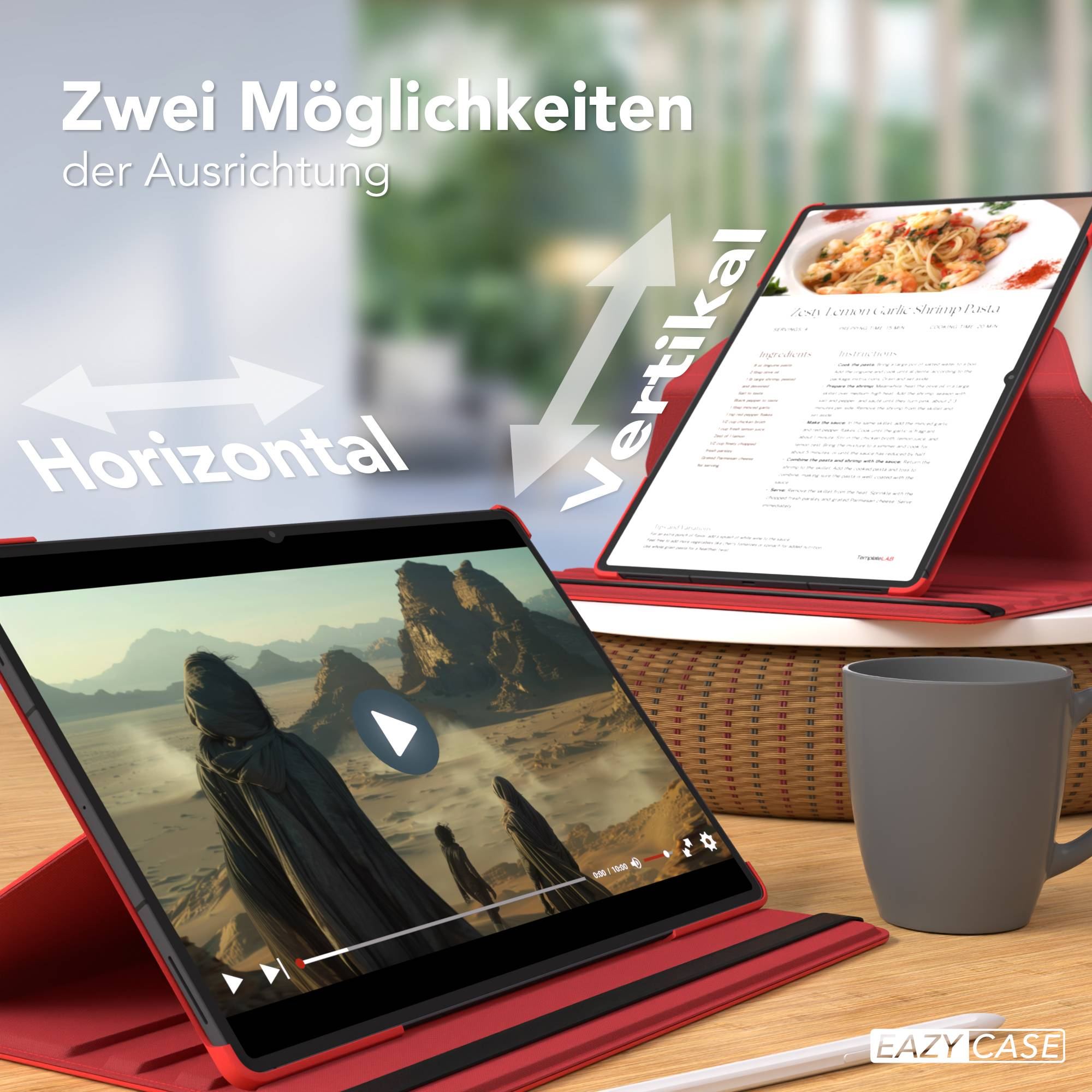 Tablet in roter Hülle, zeigt Film und Rezept. Horizontale und vertikale Ausrichtung.