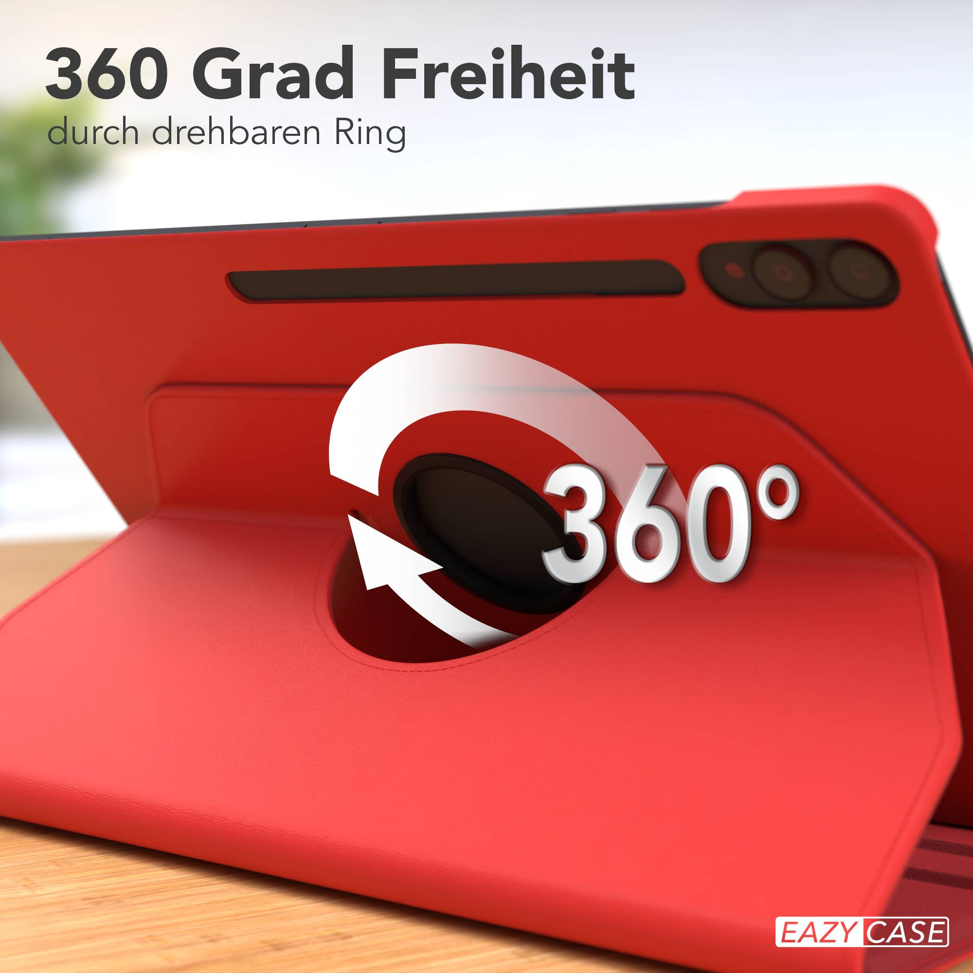 Roter Tablet-Ständer mit 360-Grad-Drehung und dem Logo "EAZY CASE".