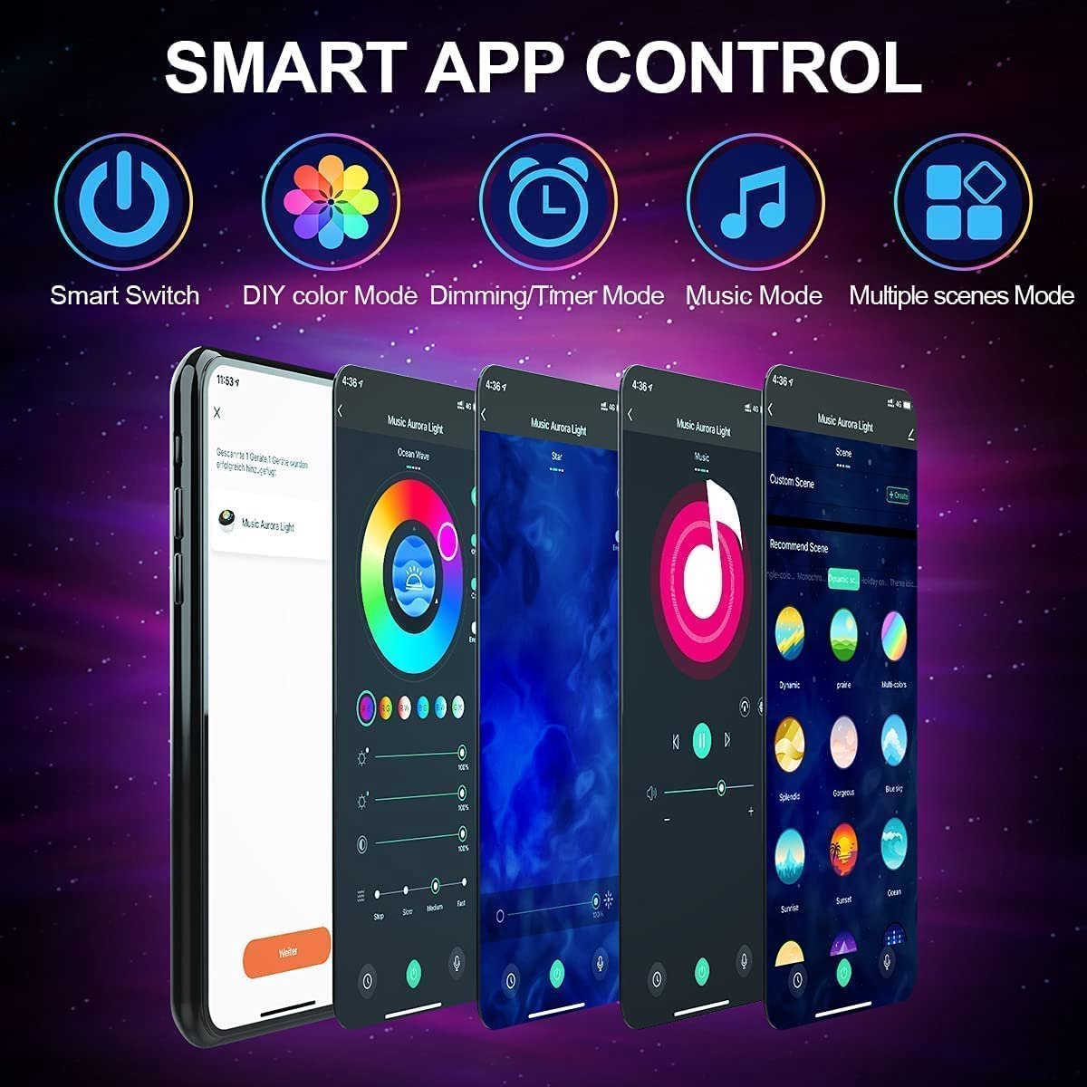 App-bediening voor lampen met kleurkeuze, muziekmodus en scènes.