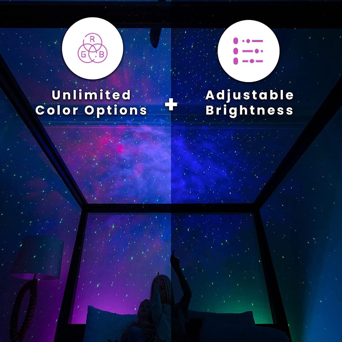 Een sterrenprojector met RGB-kleuren en instelbare helderheid verlicht een kamer.