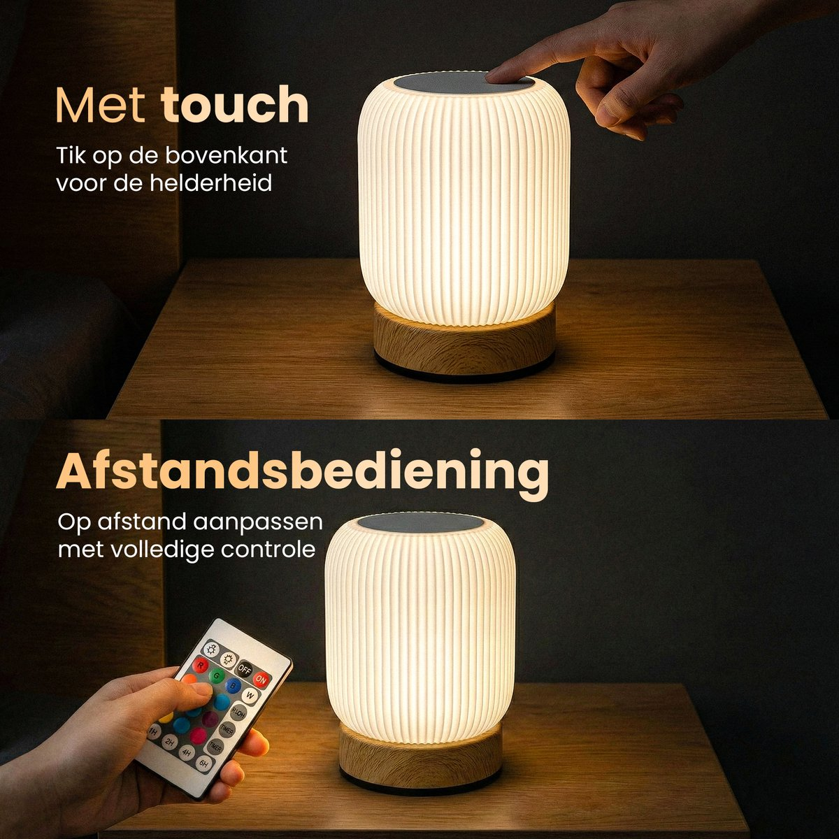 A bedside lamp is controlled by touch or remote control.