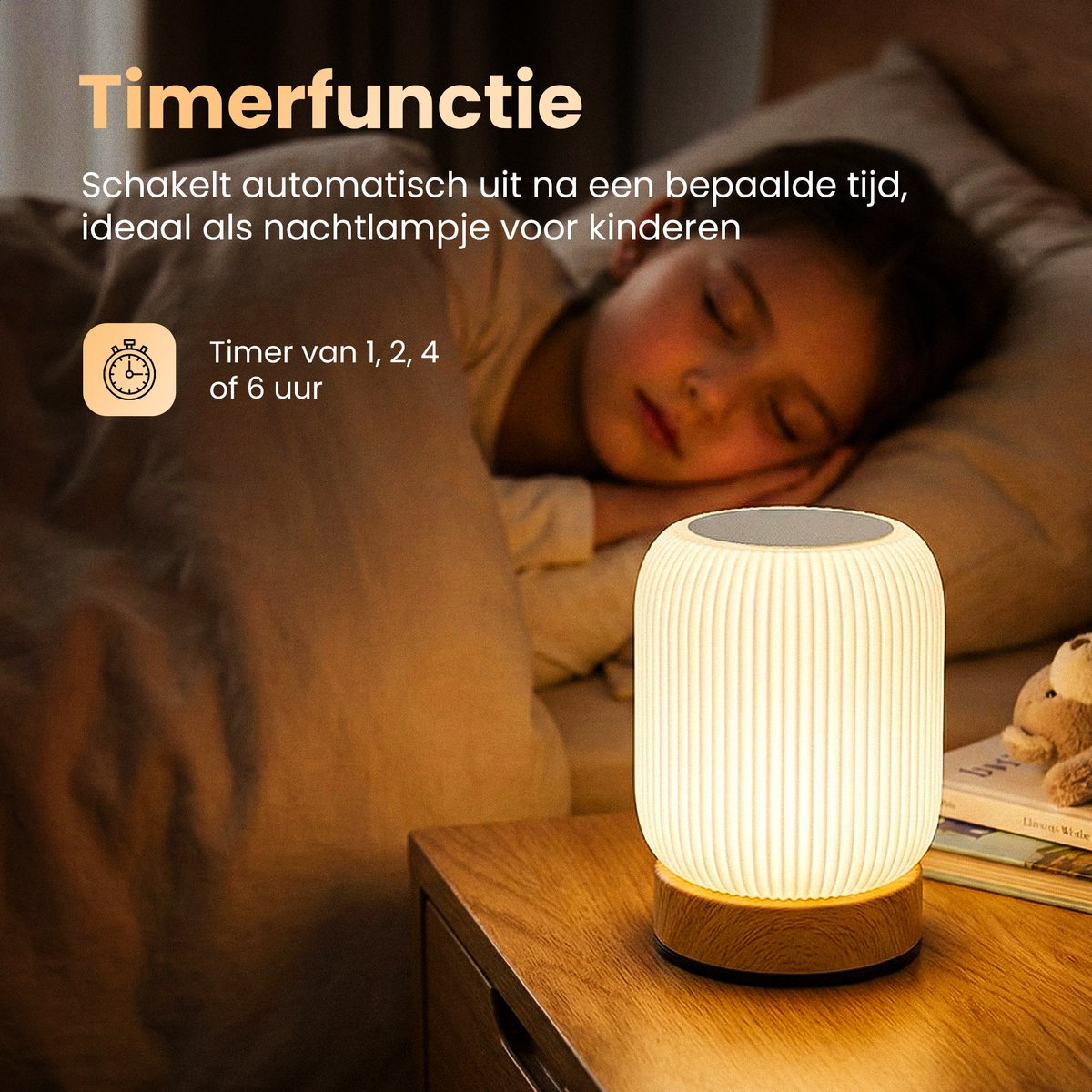A nightstand with a lamp and a sleeping child in the background.