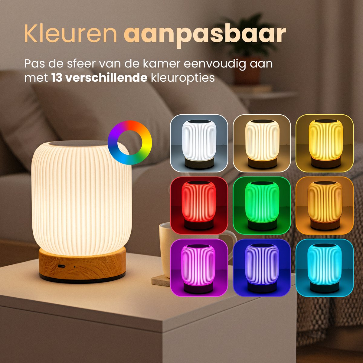 A bedside lamp with a wooden base, illuminating in various colors.