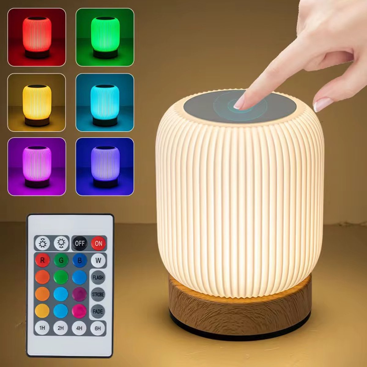 A hand touches a white bedside lamp with a wooden base. Several small lamps in different colors are shown.