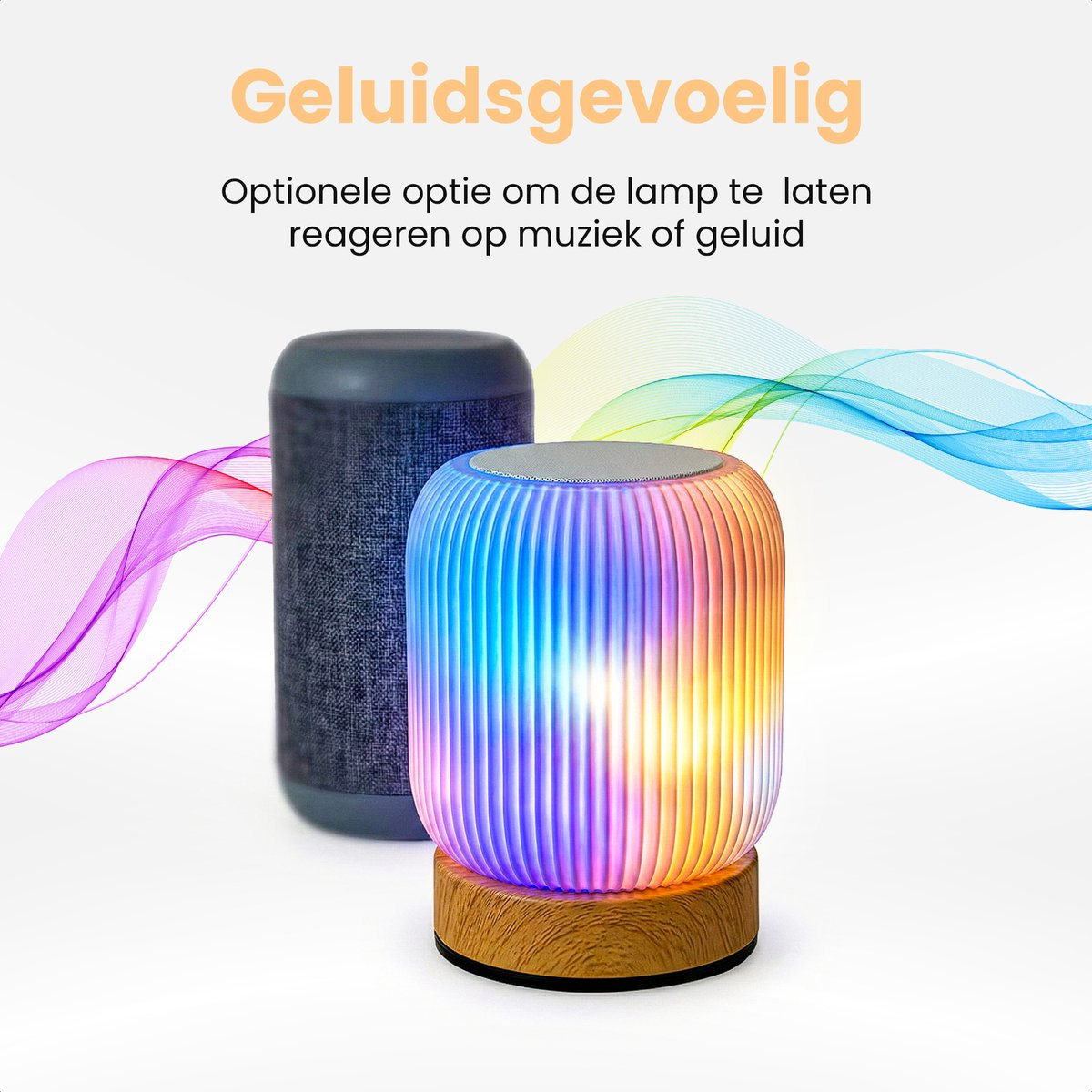 A dark speaker next to a colorful lamp with waves.