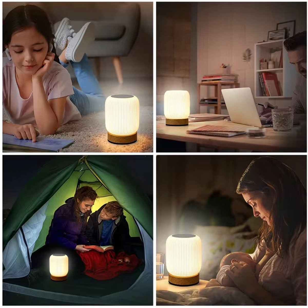 A girl lies on the rug, a lamp beside her.