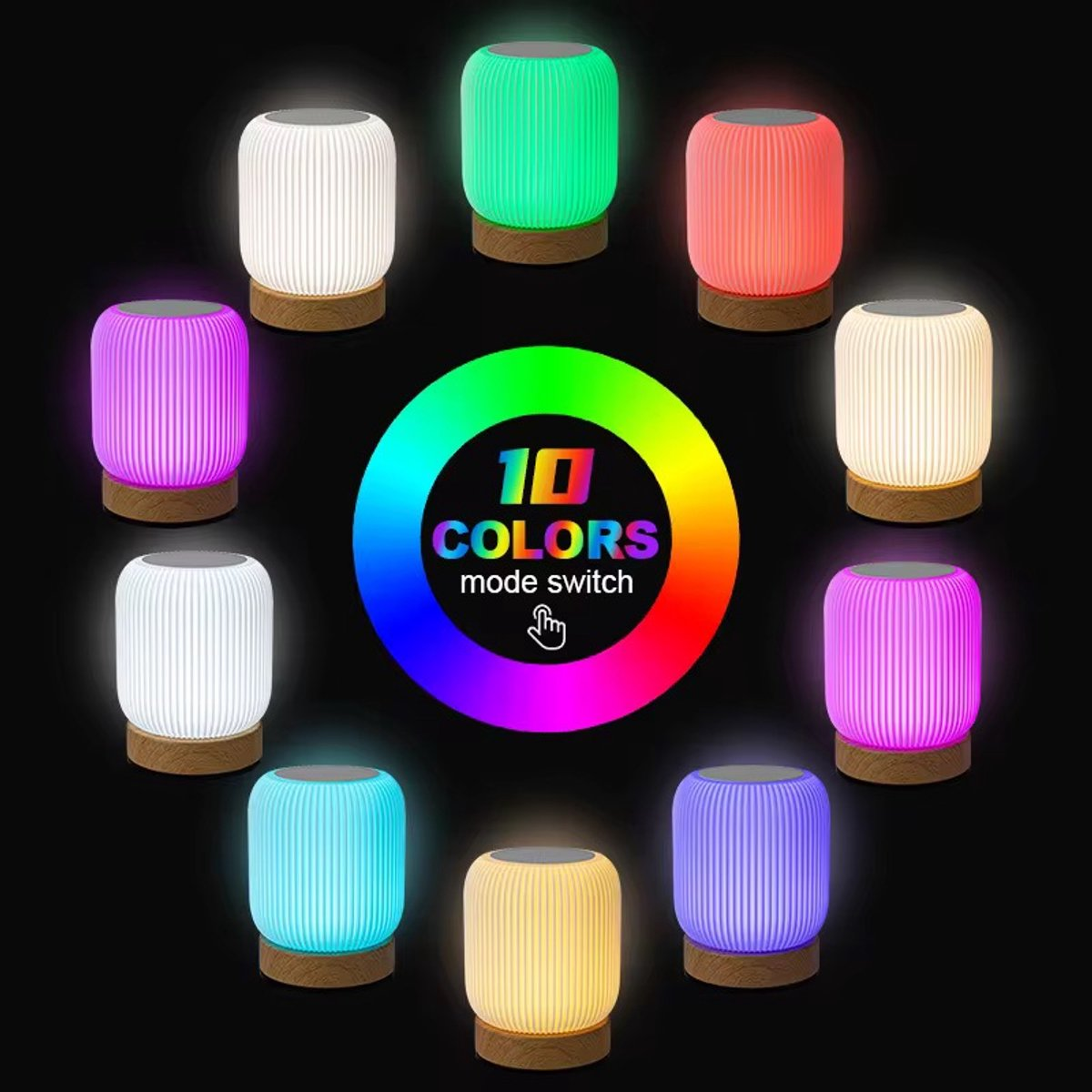 Ten colorful lamps arranged in a circle around a color wheel graphic.