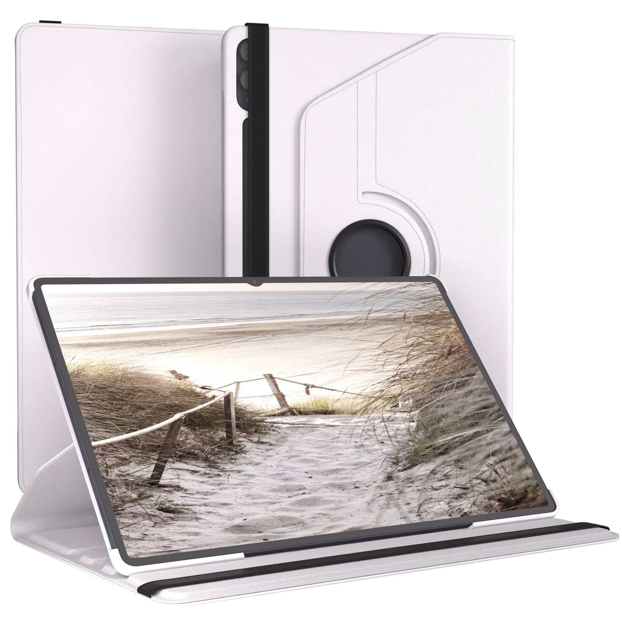 Weiße Tablet-Hülle mit Strandmotiv-Display, auf einem weißen Hintergrund.