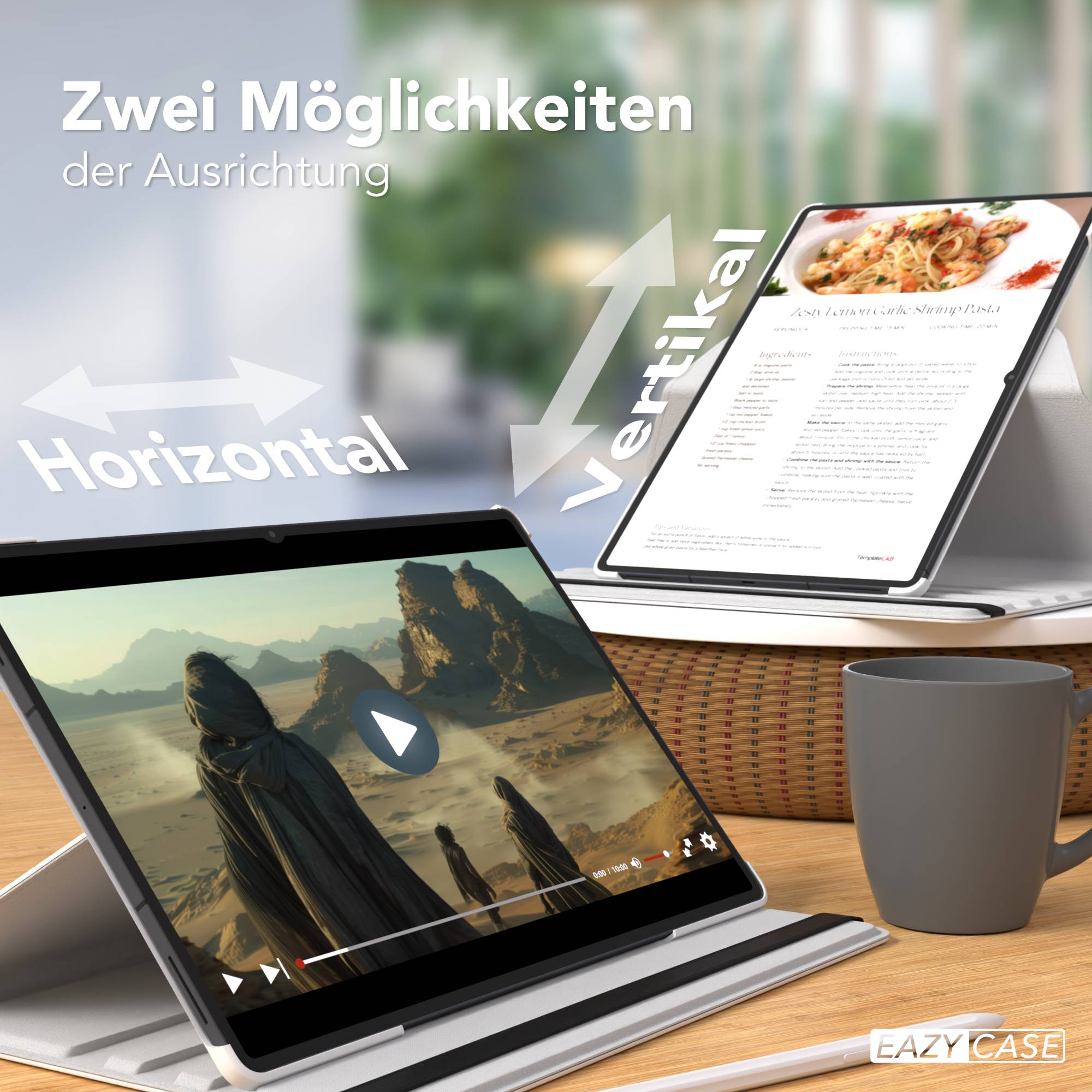 Zwei Tablets zeigen horizontale und vertikale Ausrichtung. Ein Rezept wird angezeigt.
