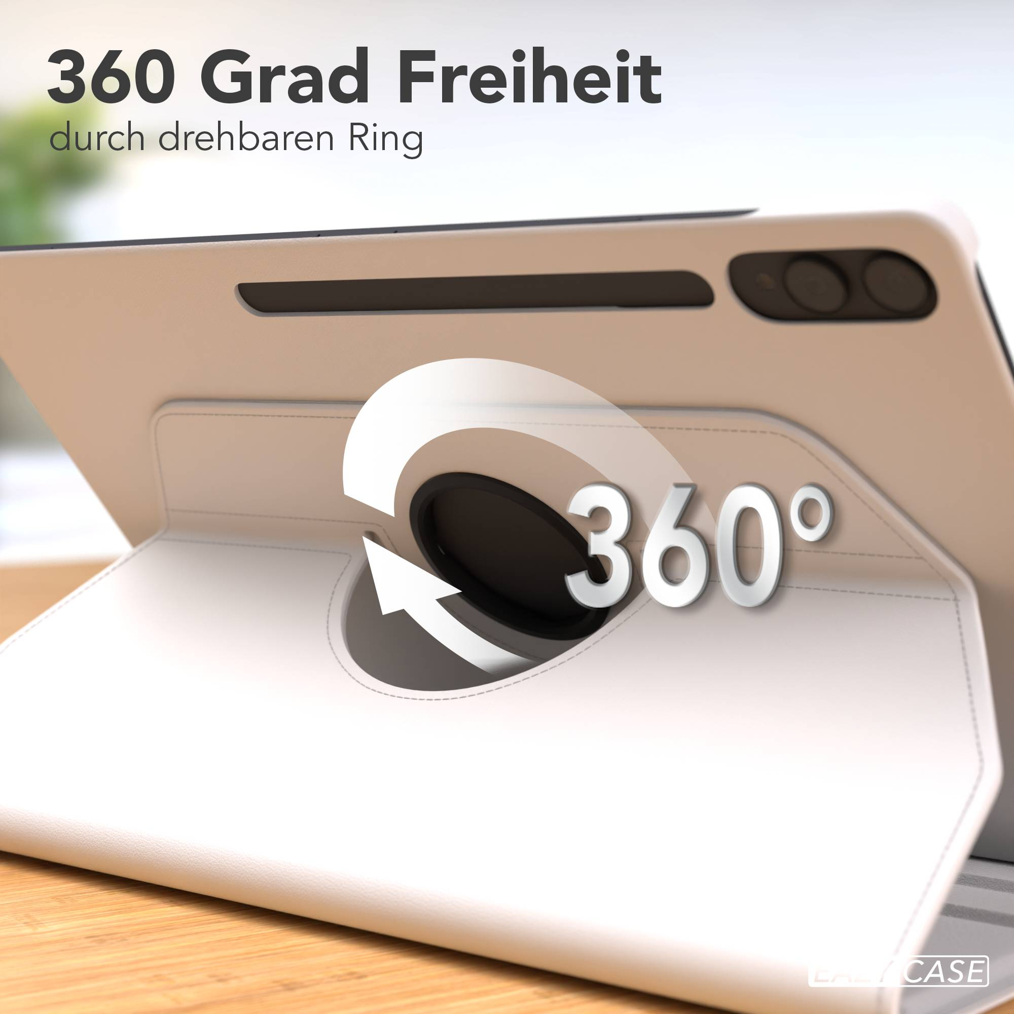 Ein Tablet-Case mit 360-Grad-Drehring auf einem Holztisch.