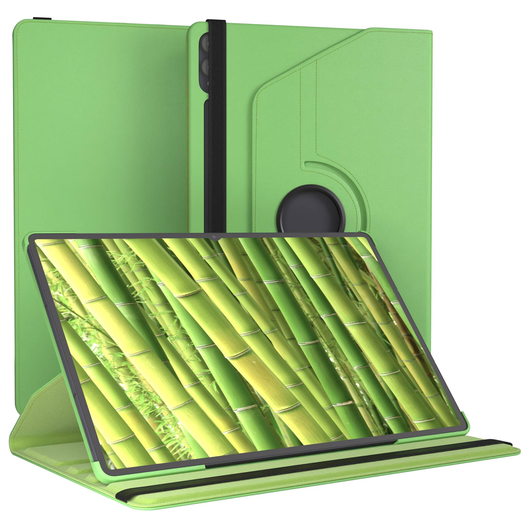 Ein hellgrünes Tablet-Etui mit gedrehtem Bildschirm, auf dem Bambusstäbe abgebildet sind.