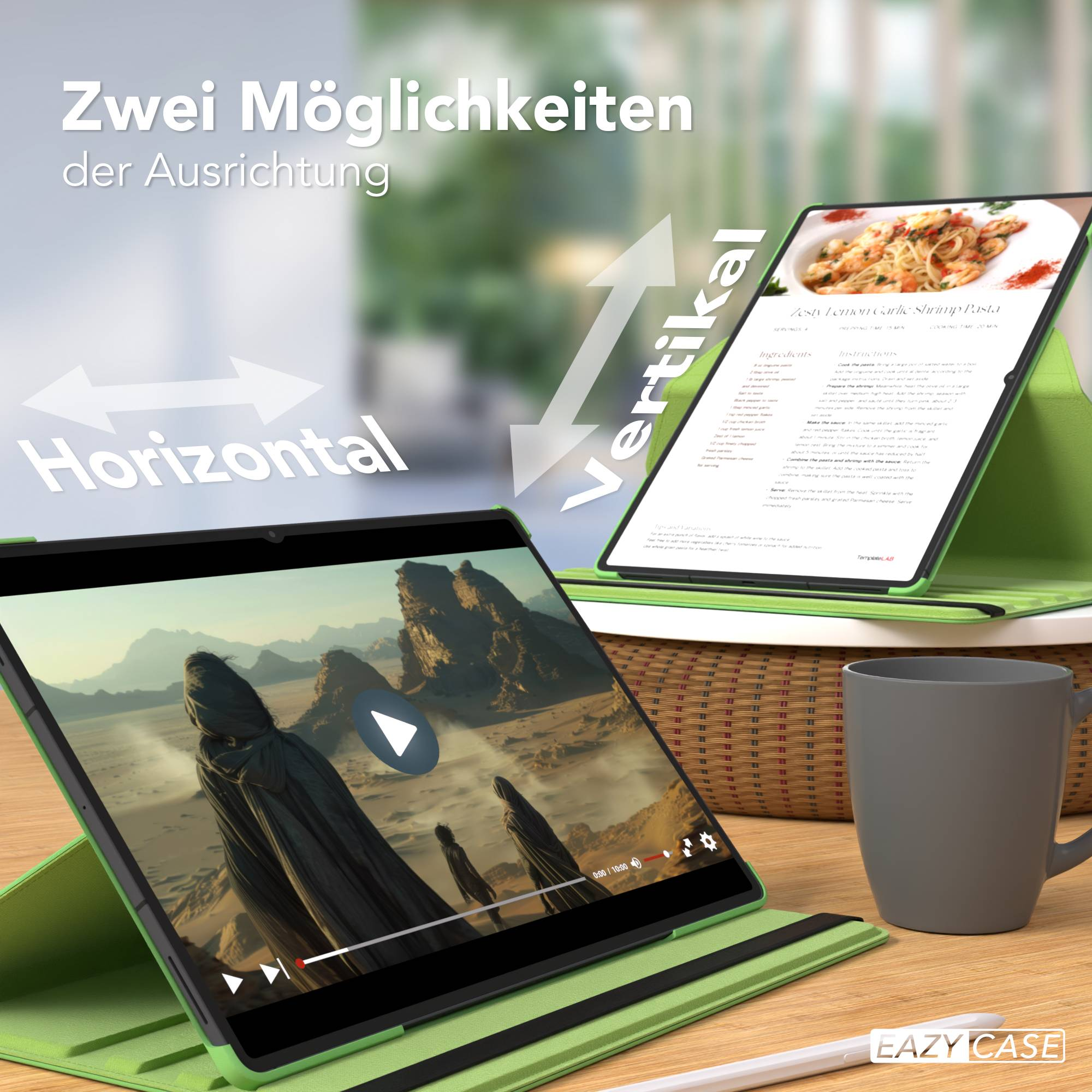Zwei Tablet-Ausrichtungen: Video horizontal, Rezept vertikal. Auf einem Holztisch.