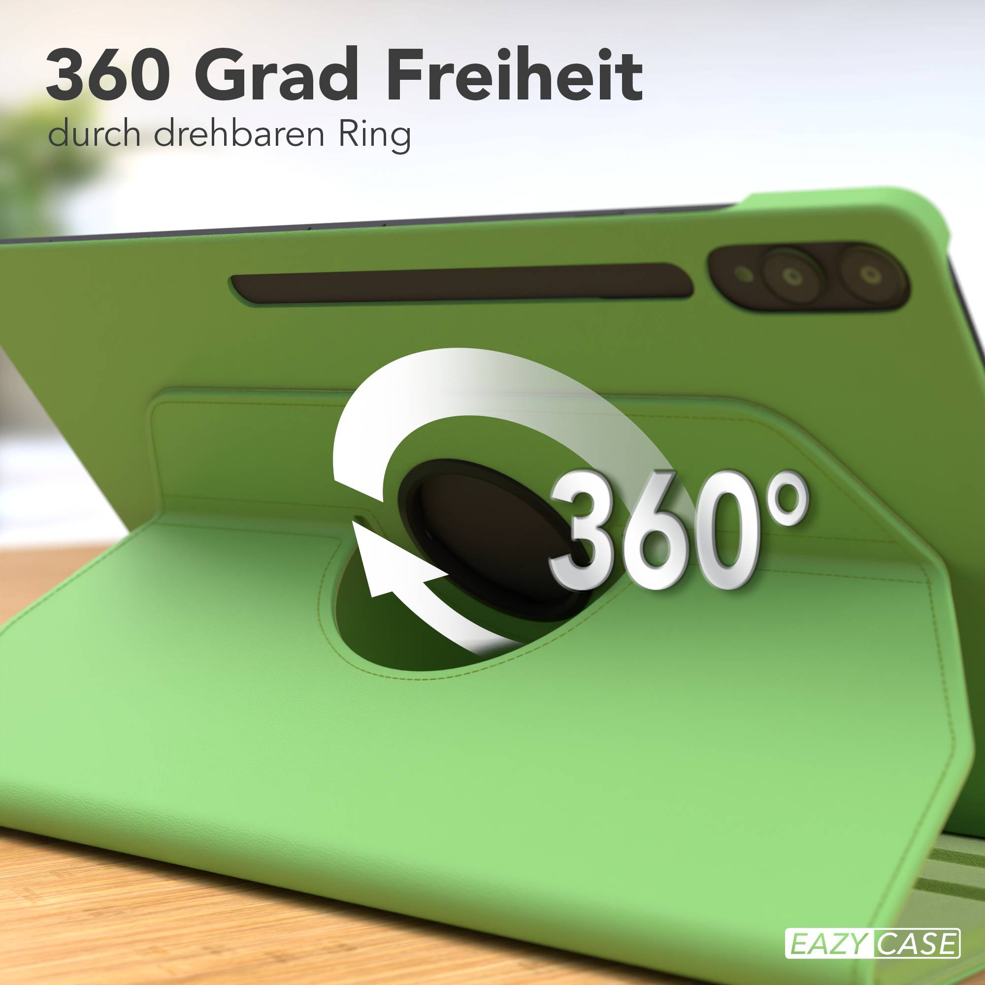 Grüne Tablet-Hülle mit 360-Grad-Drehfunktion und Kameraobjektiven.