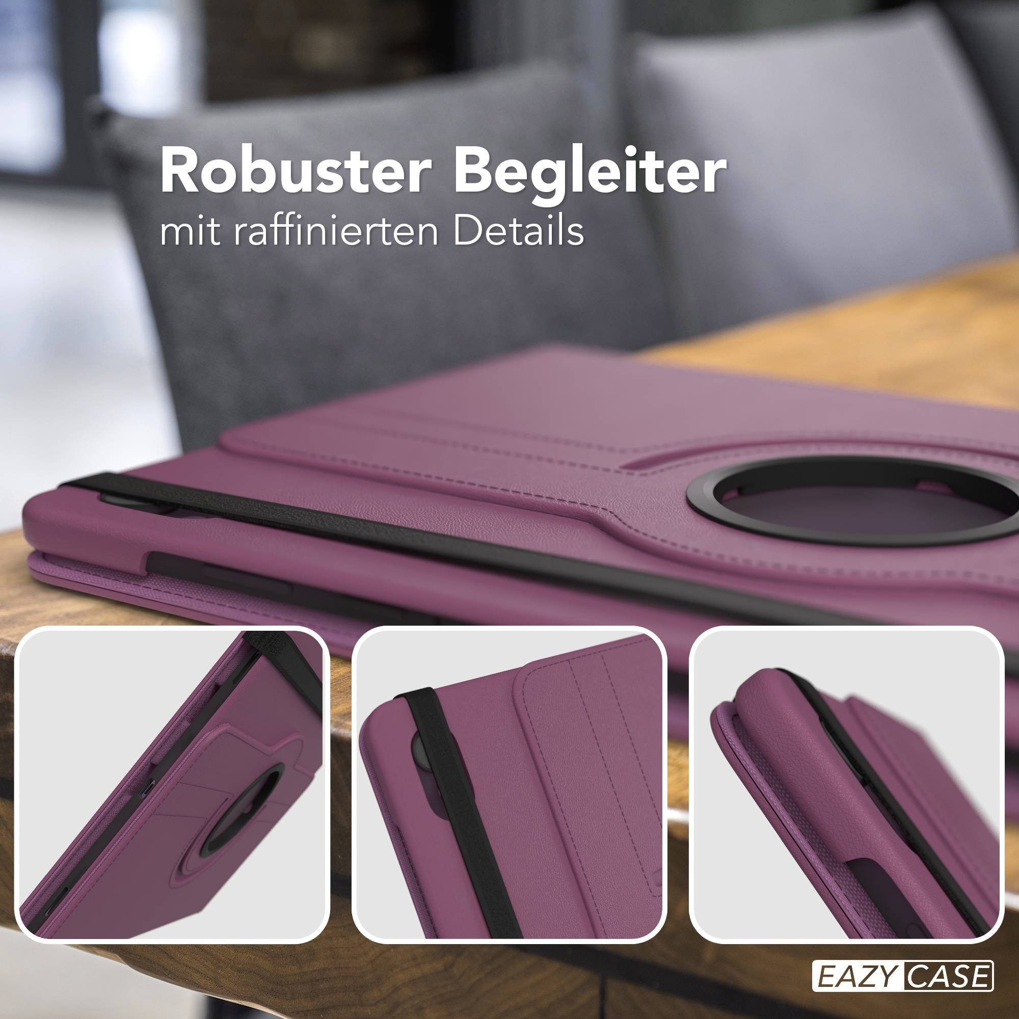 Lila Tablet-Hülle auf Holztisch mit drei Detailaufnahmen.